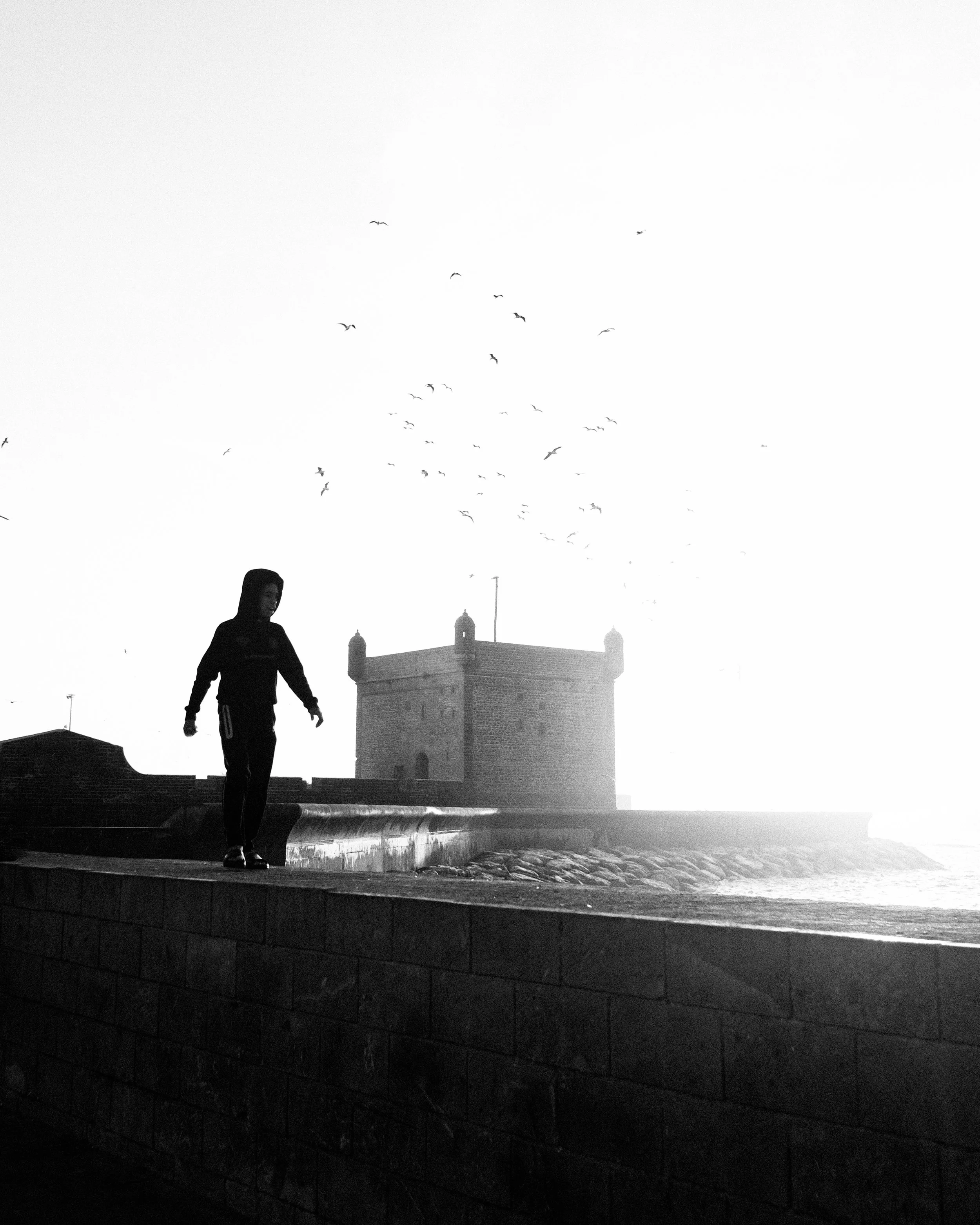 Silhouette d'une personne marchant sur une promenade en face de la mer, avec une tour ancienne au fond et des oiseaux volant dans le ciel lumineux.