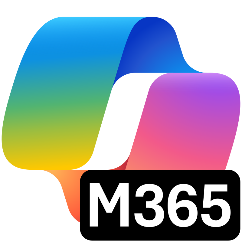A colorful, stylized speech bubble with the text 'M365' in bold white letters on a black background.