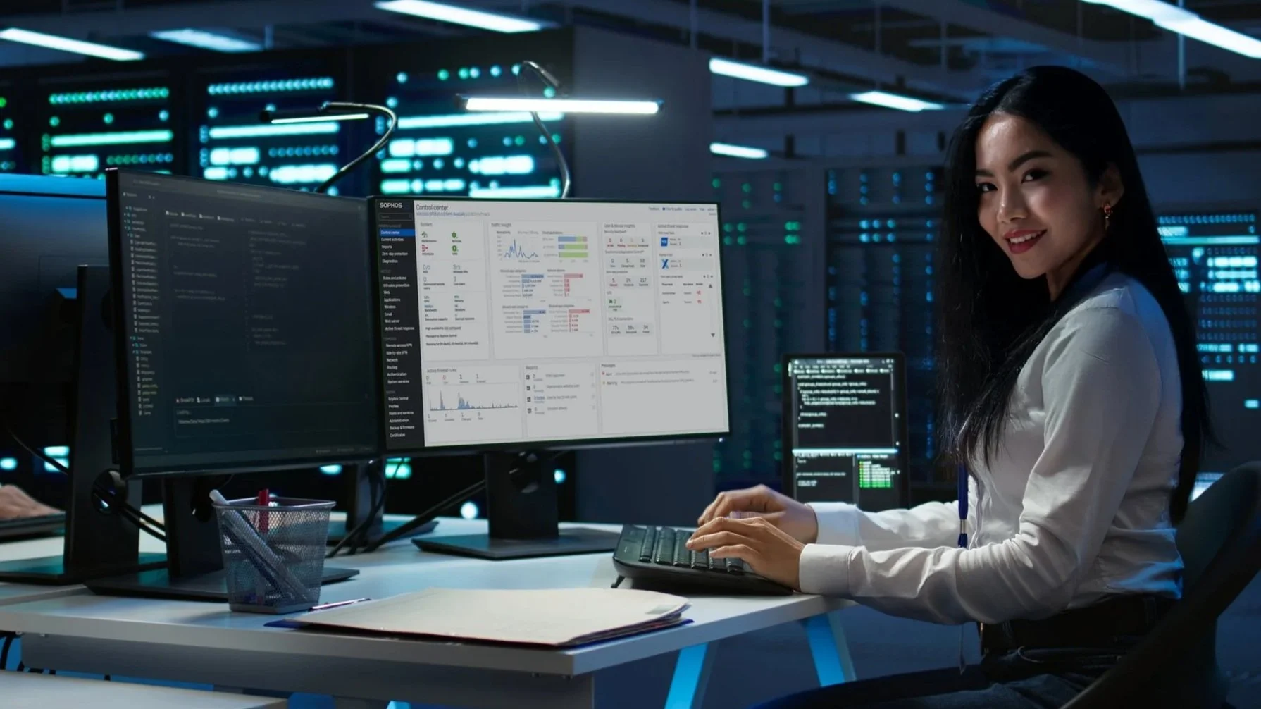 Woman working at a desk with dual monitors displaying data analysis and cybersecurity dashboards, in a server room with blue and green lighting.