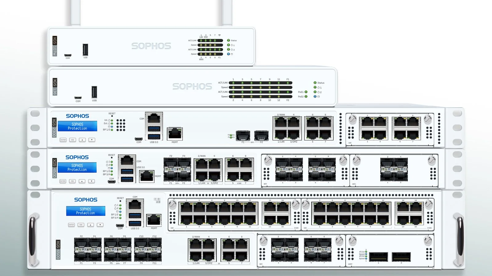 Rack-mounted networking hardware including a router and switches from the brand Sophos, with various ports, LEDs, and control buttons.