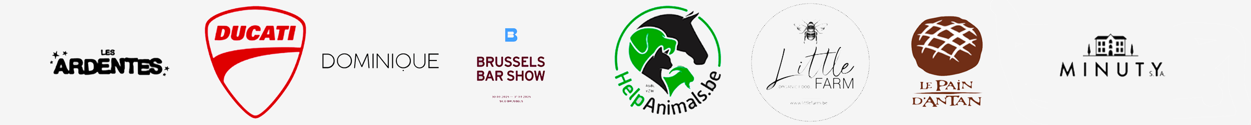 Collection of nine logos for various brands and organizations, including Les Ardentes, Ducati, Dominique, Brussels Bar Show, Help Animals, Little Farm, Le Pain D'antan, and Minuty.