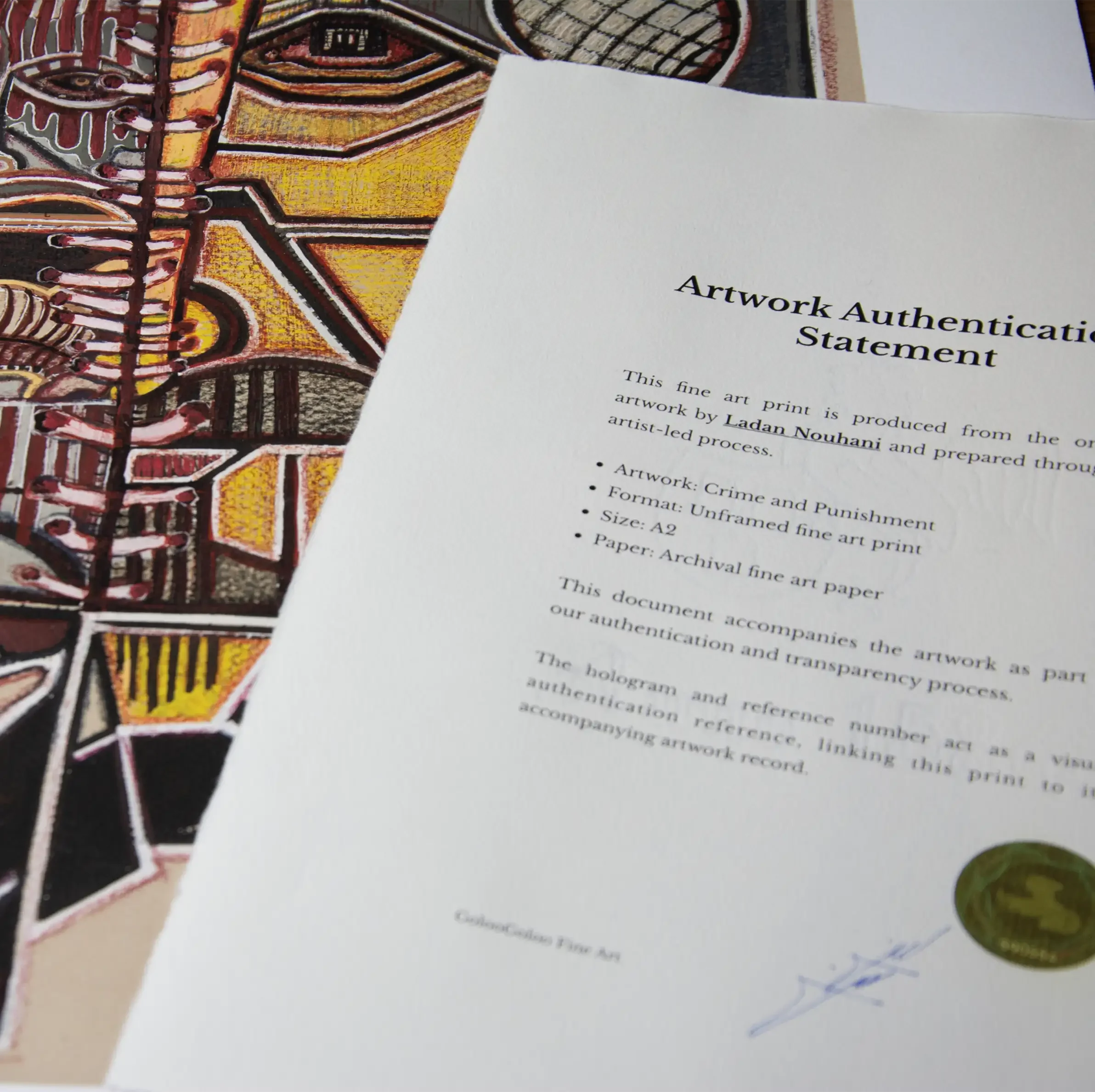 Authentication details accompanying a fine art print, including hologram and documentation