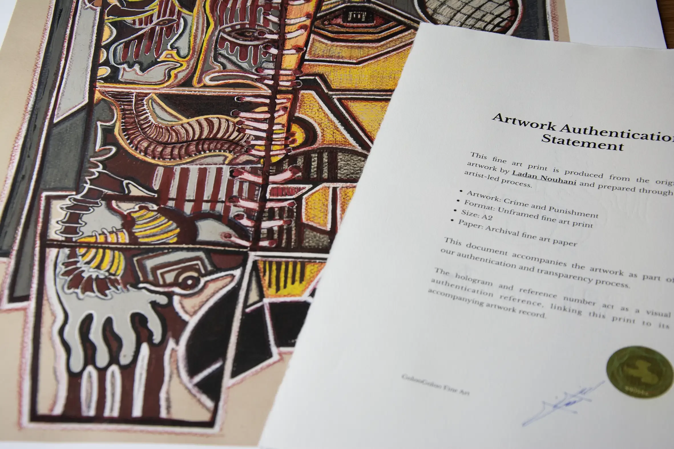 Authentication details accompanying a fine art print, including hologram and documentation