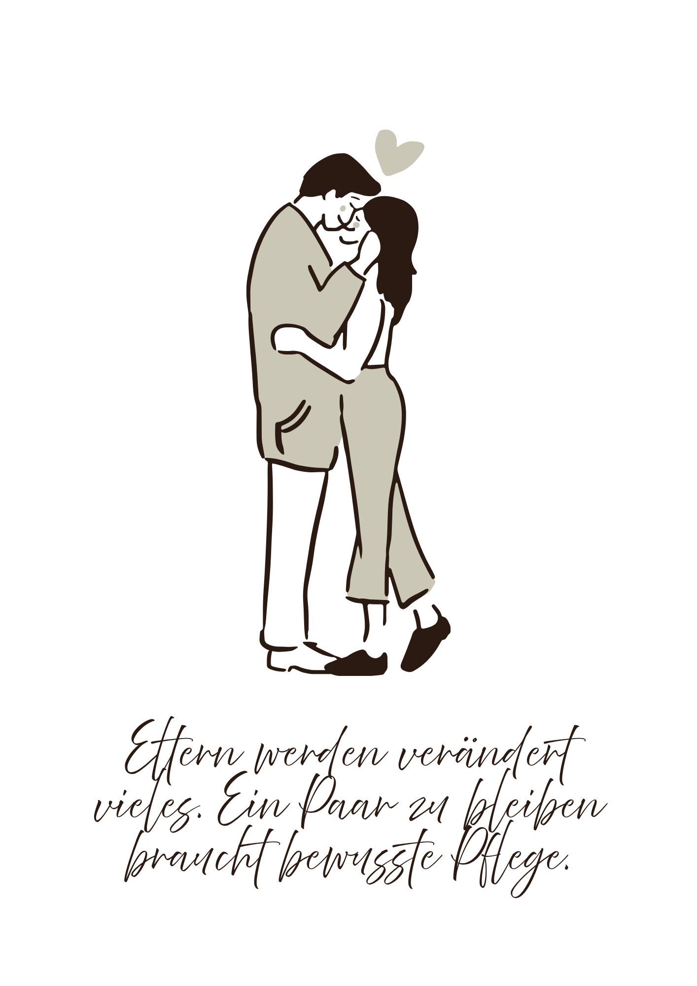 Eine Illustration eines Paares, das sich liebevoll umarmt, mit einem Herz darüber. Über dem Bild steht auf Deutsch: "Eltern werden verändert vieles. Ein Paar zu bleiben braucht bewusste Pflege."