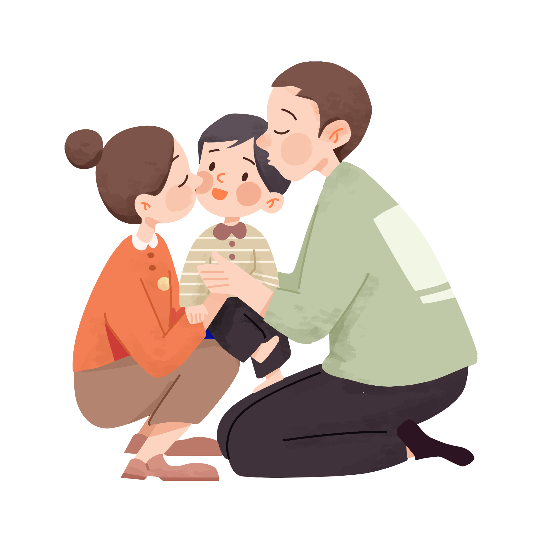 Eine Mama und ein Papa küssen ihr Kind liebevoll auf die Wange.