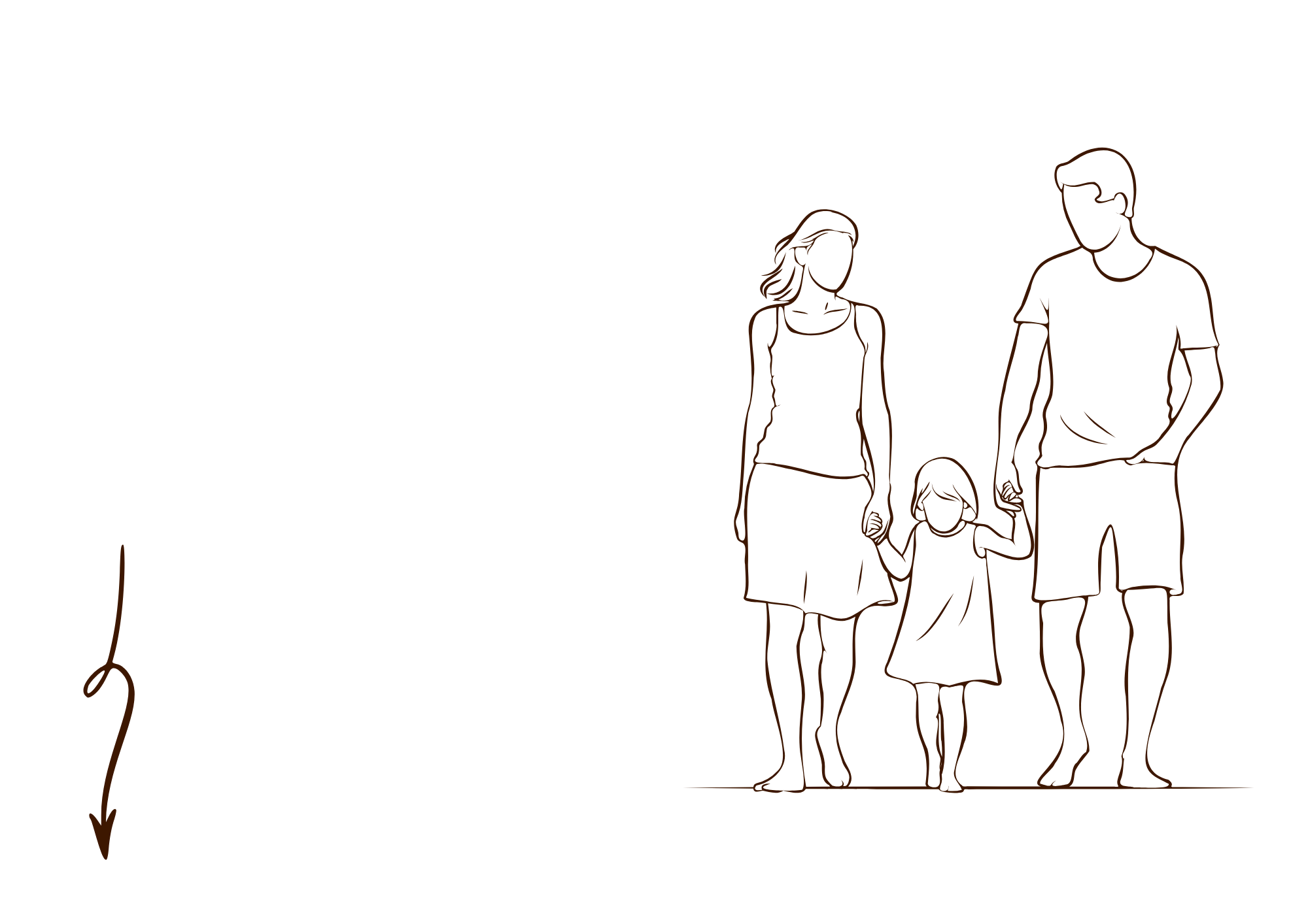 Skizze einer Familienzusammenstellung mit einer älteren Person, einem Mann, einer Frau und zwei Kindern, mit einem Pfeil, der auf die Familie zeigt.