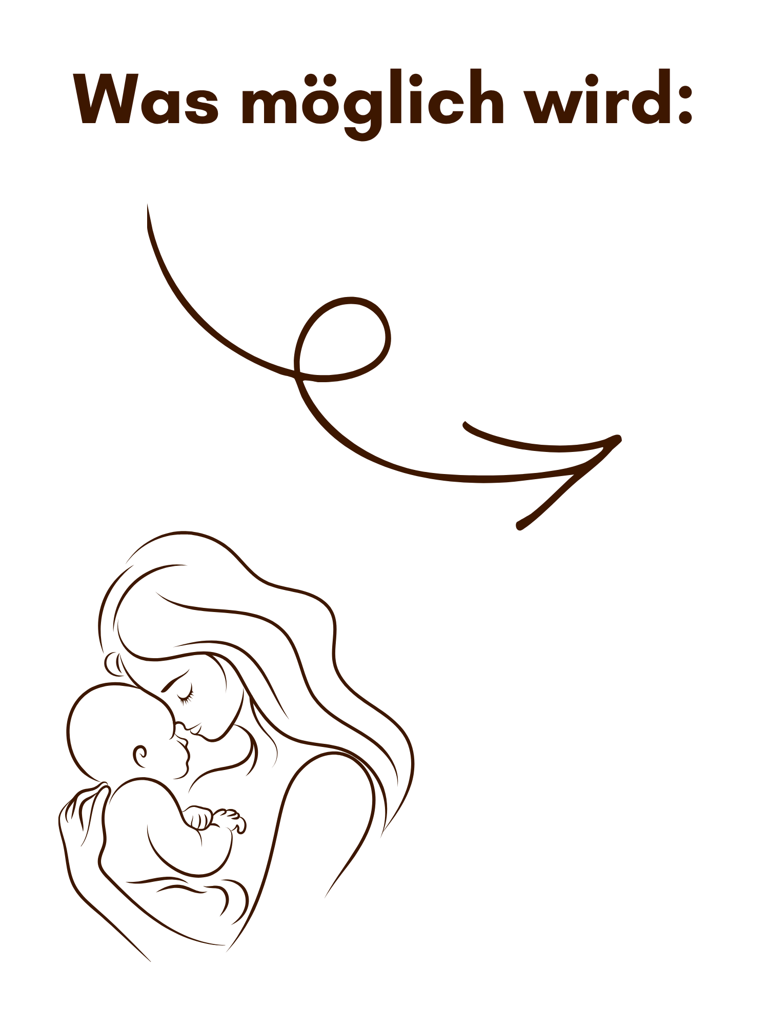Zeichnung einer Mama mit ihrem Baby im Arm, mit dem Text 'Was möglich wird' oberhalb und Pfeil zum nächsten Abschnitt.