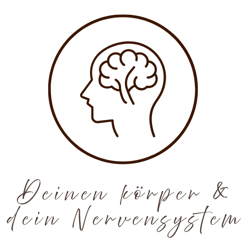 Ein Logo mit einer Silhouette eines menschlichen Kopfes und einem Gehirn, umgeben von einem Kreis, gefolgt von dem Text "Deinen Körper & dein Nervensystem" in handgeschriebener Schrift.