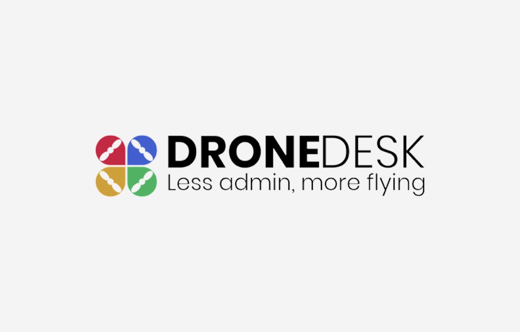 Dronedesk logo with four colored circles and the slogan "Less admin, more flying."