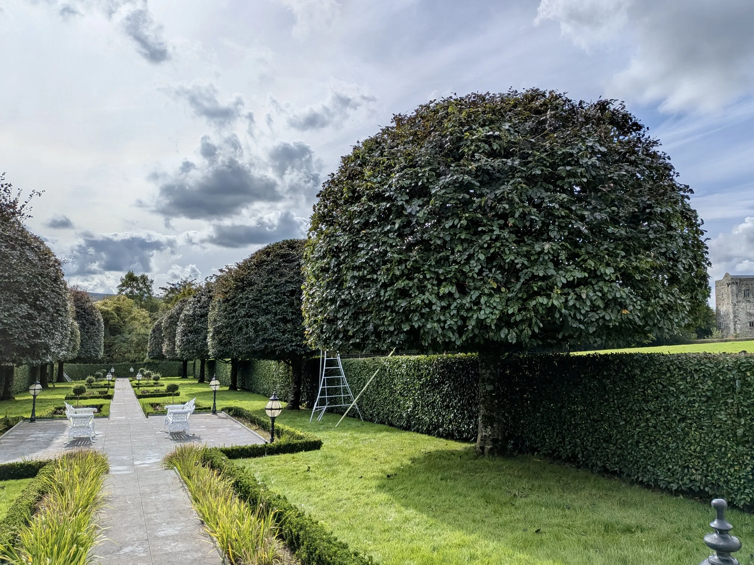 Well-maintained garden with trimmed bushes and round trees, a paved walkway with white benches and small lamp posts, and a historic stone building in the background under a cloudy sky.