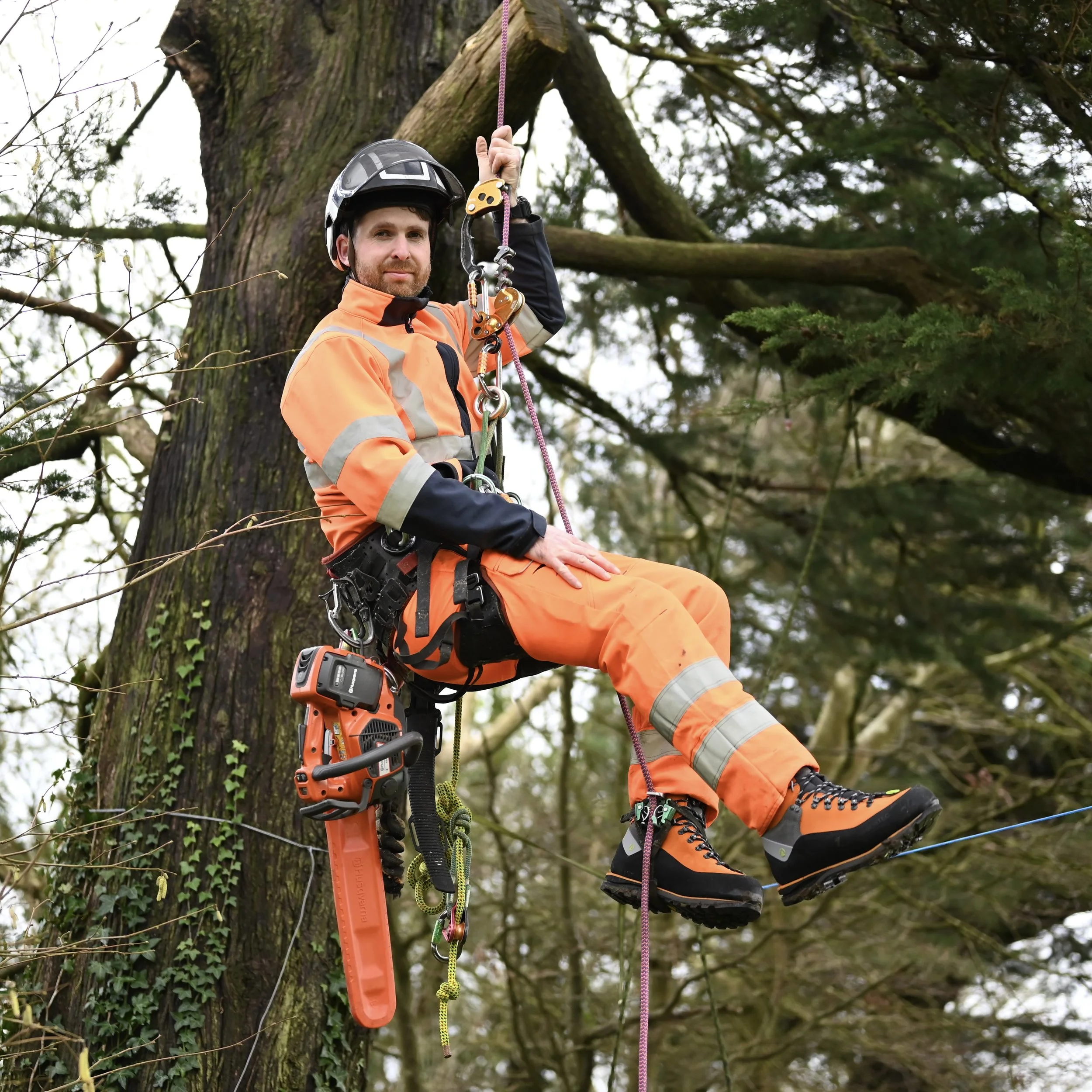 A tree worker in orange safety gear, harness, and helmet, sitting on a rope in a tree using climbing equipment in a forested area.