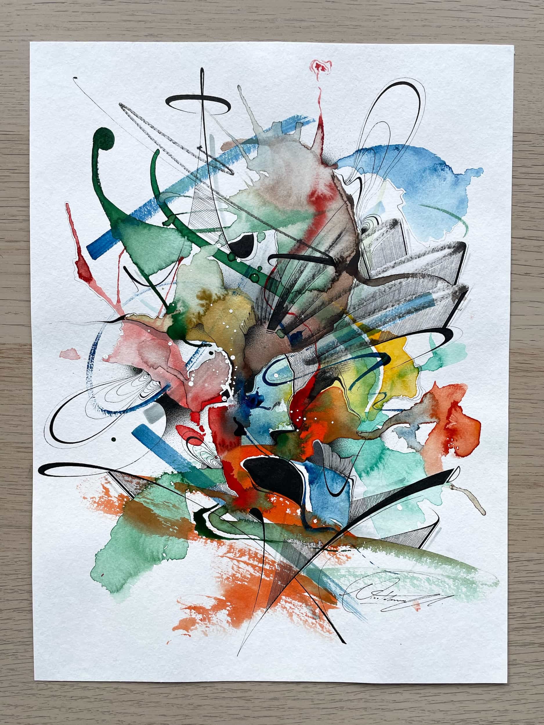 Abstract watercolor painting with splashes of red, blue, green, yellow, and black ink, featuring sweeping lines and shapes.
