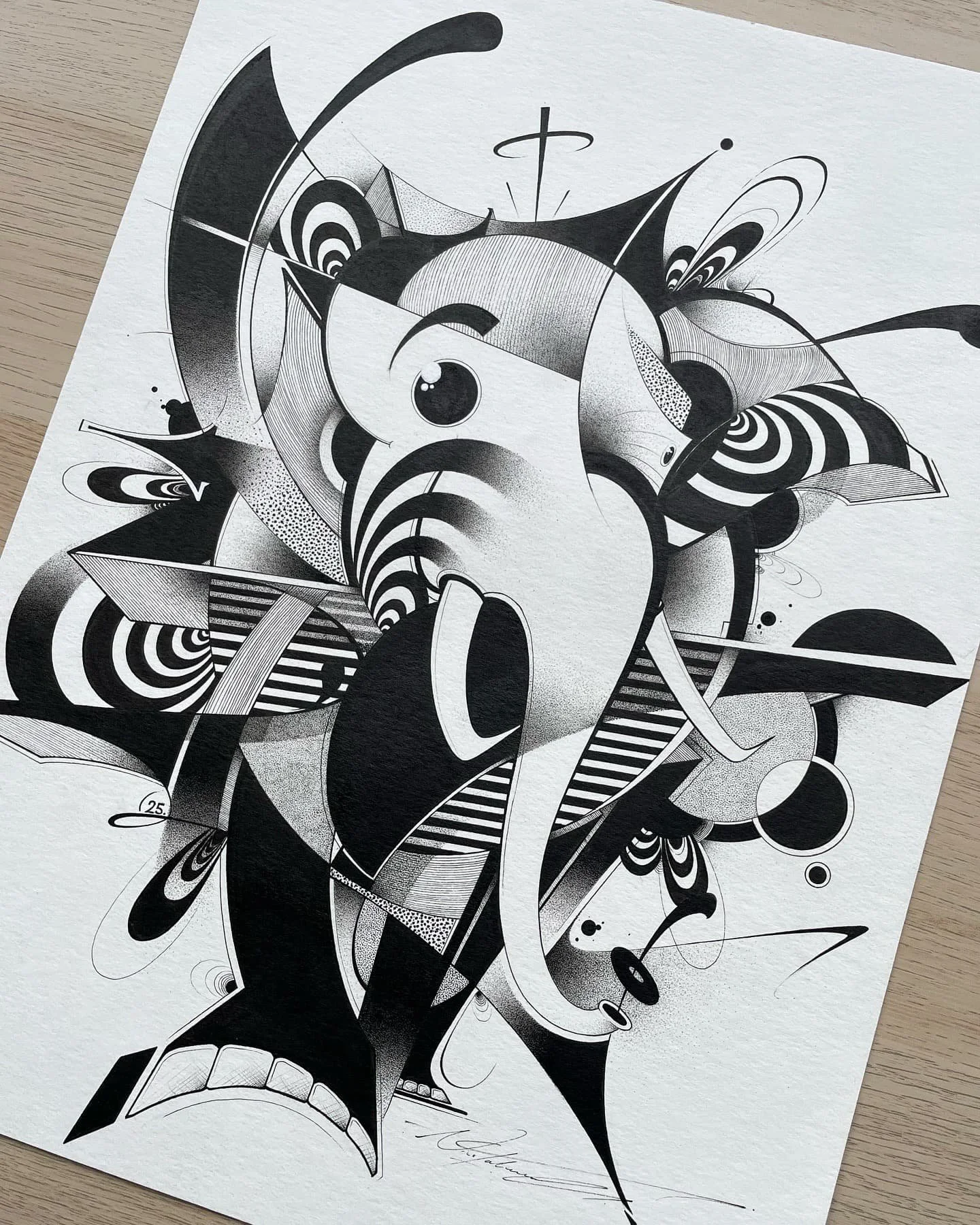 Black and white abstract geometric artwork featuring a cartoon-style fish with large eye, surrounded by various shapes and patterns.