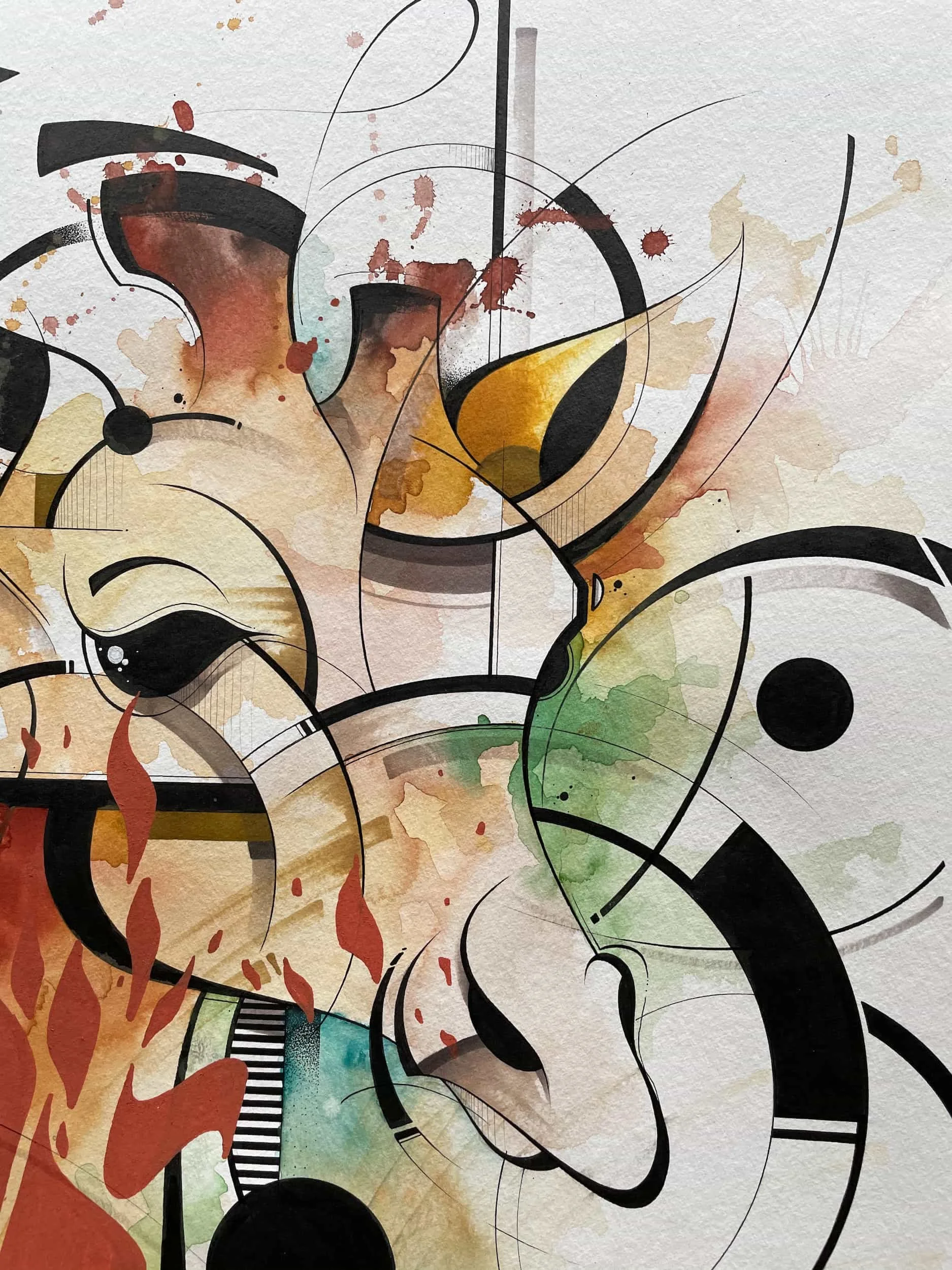 Abstract watercolor painting featuring scattered ink lines, black circles, and splashes of brown, green, red, and yellow colors.