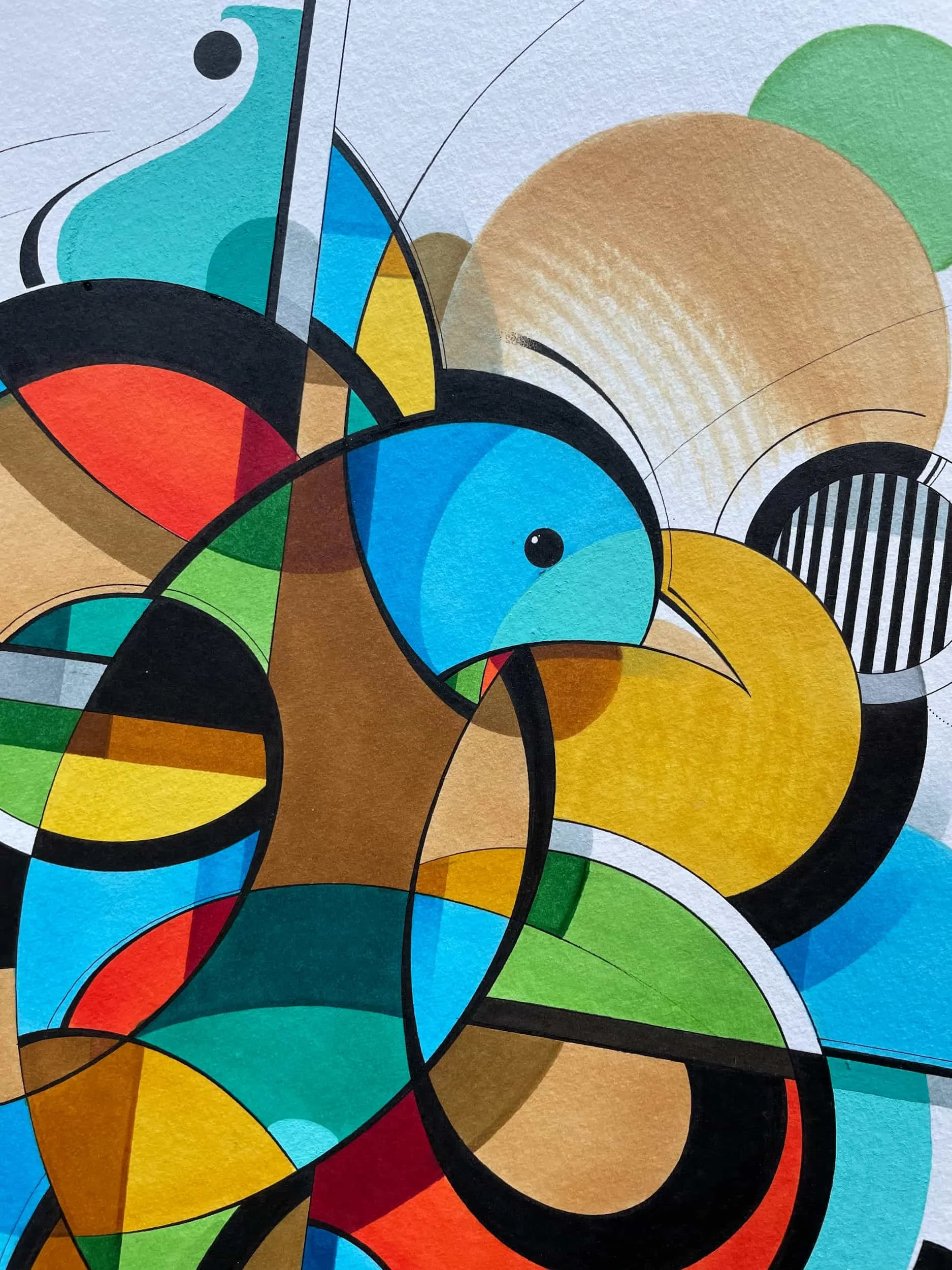 Abstract colorful geometric painting with overlapping circles, lines, and shapes in shades of blue, green, yellow, red, black, beige, and white.