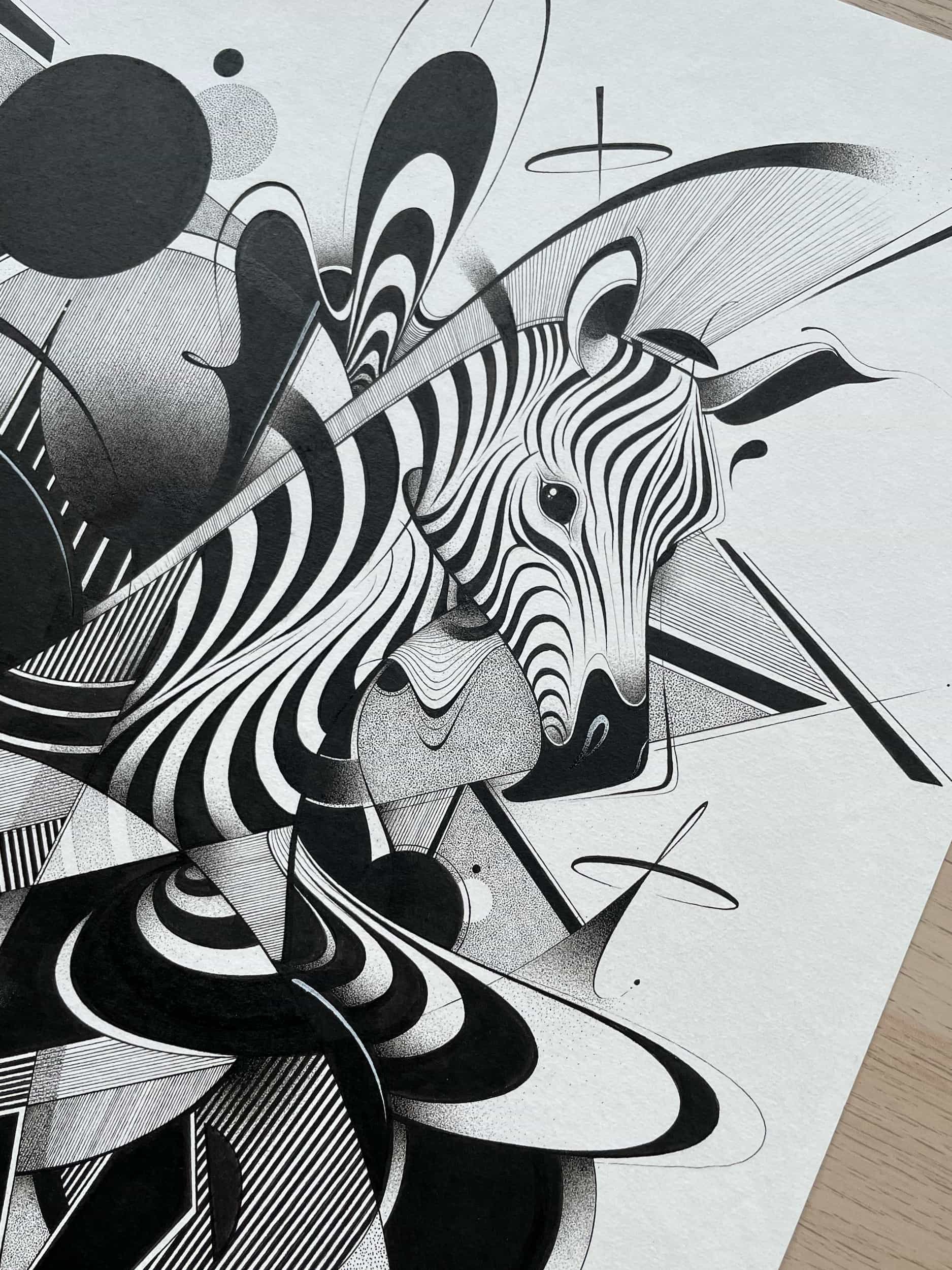 Black and white abstract artwork featuring a zebra with various geometric and organic shapes surrounding it.