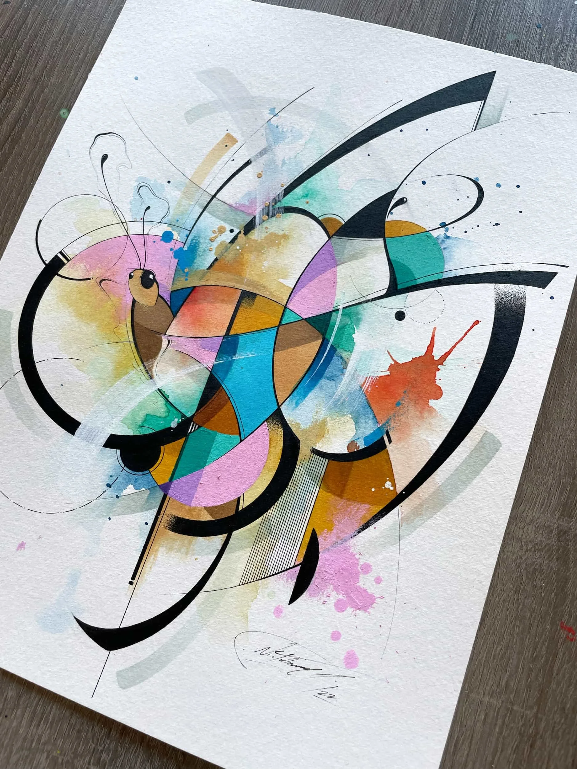 Abstract watercolor and line art painting with various shapes and splashes of pastel colors and black lines.