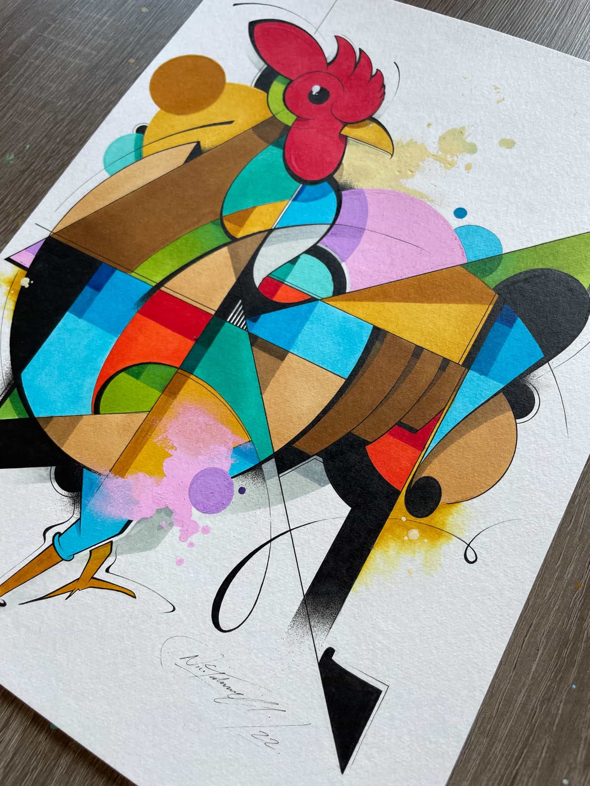 Abstract watercolor painting of a stylized bird with geometric shapes and vibrant colors on textured paper.