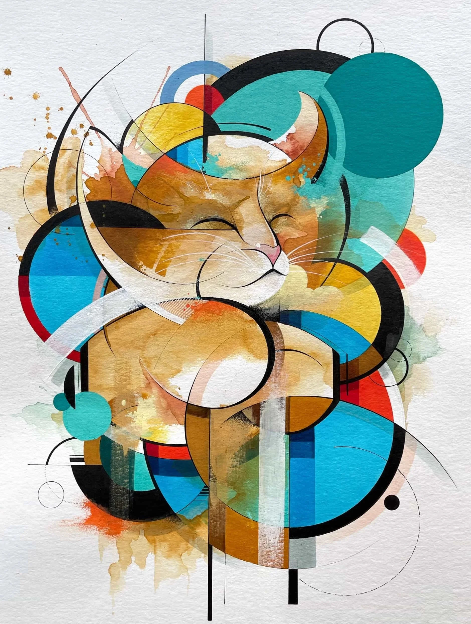 Abstract watercolor painting of a sleeping cat with circular shapes and bold black lines.