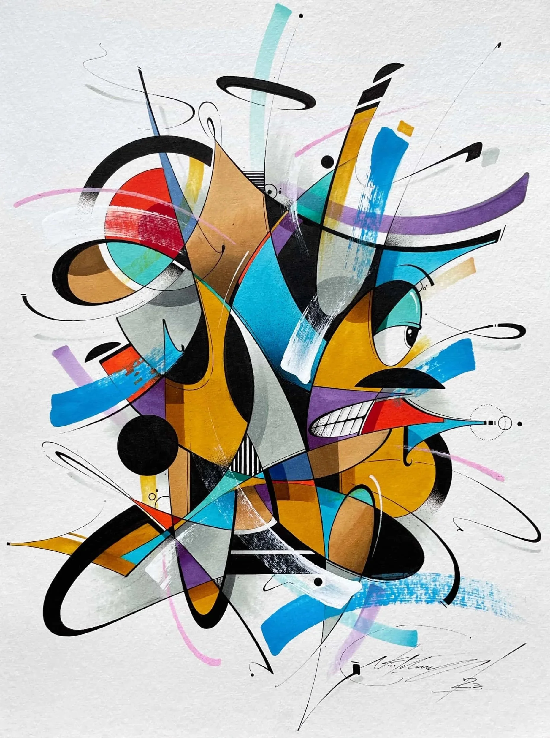 Abstract colorful graffiti-style artwork with various shapes, lines, and splashes in bright colors including black, yellow, blue, purple, red, and beige.