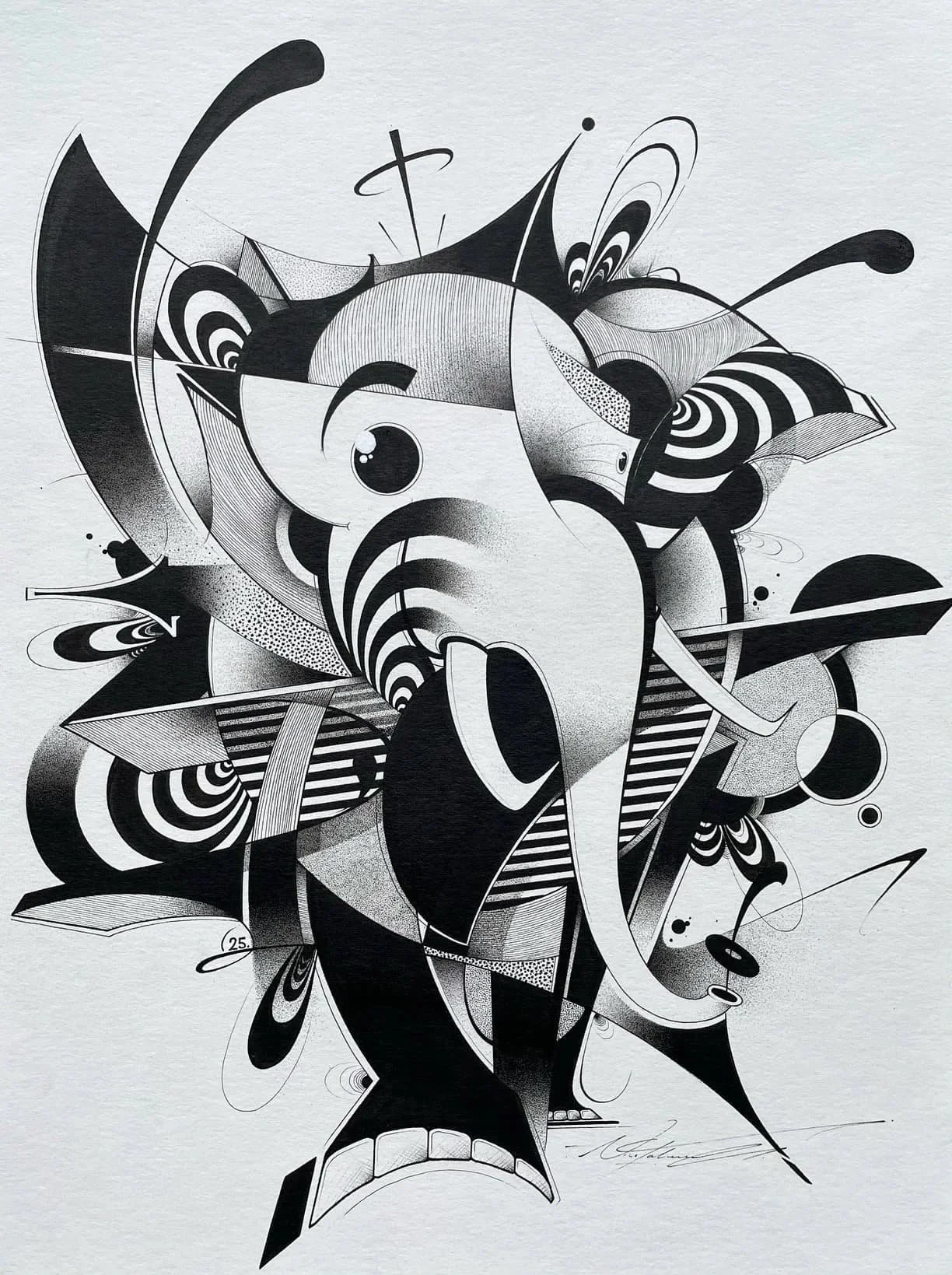 An abstract black and white mixed media artwork featuring stylized fish and geometric and organic shapes.