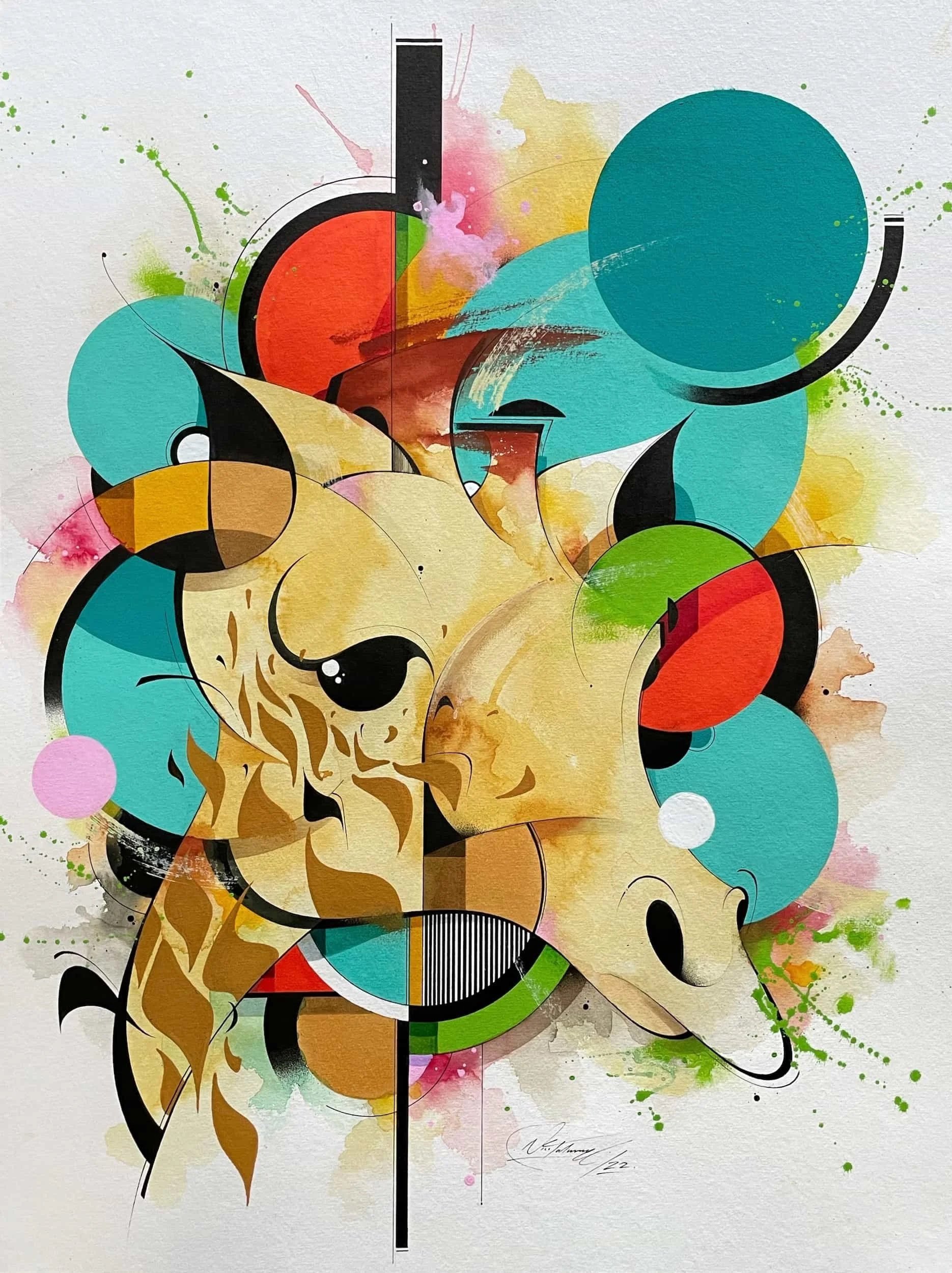 La Giraffa - Watercolor, acrylic, ink and alcohol markers on paper, 36 x 48 cm, 2022