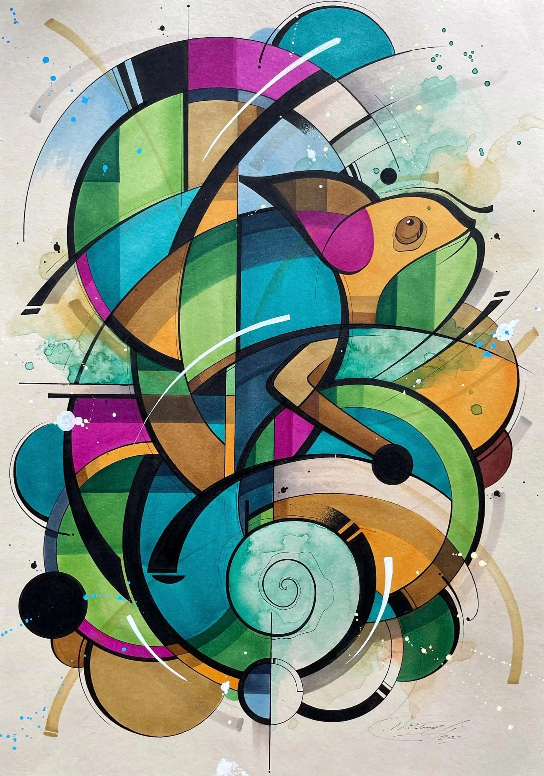 Chameleon - Alcohol markers, ink and acrylic on paper, DIN A3 / 29,7 x 42 cm, 2021