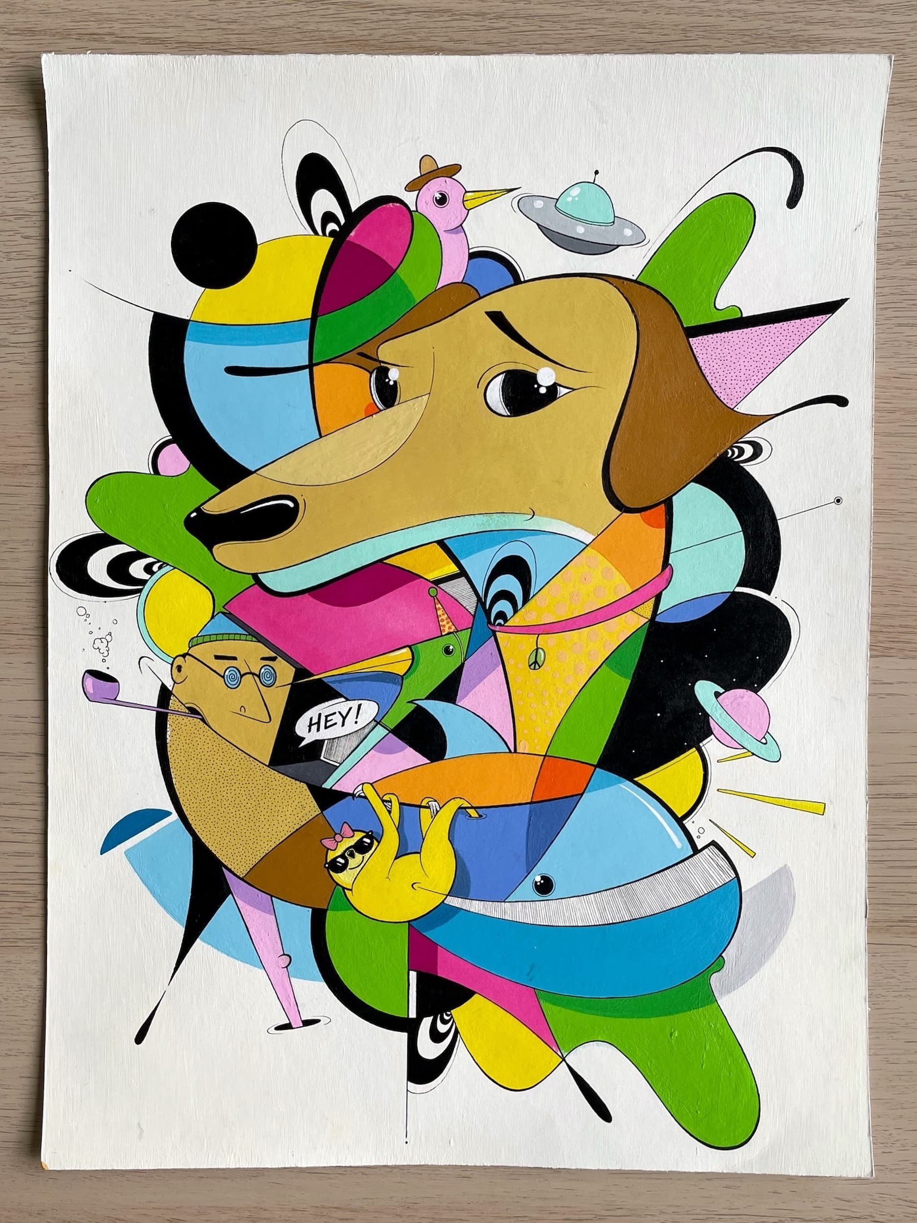 Colorful abstract artwork featuring a dog's face, a sloth, a frog, a pink bird with a hat, and various geometric shapes, lines, and patterns.