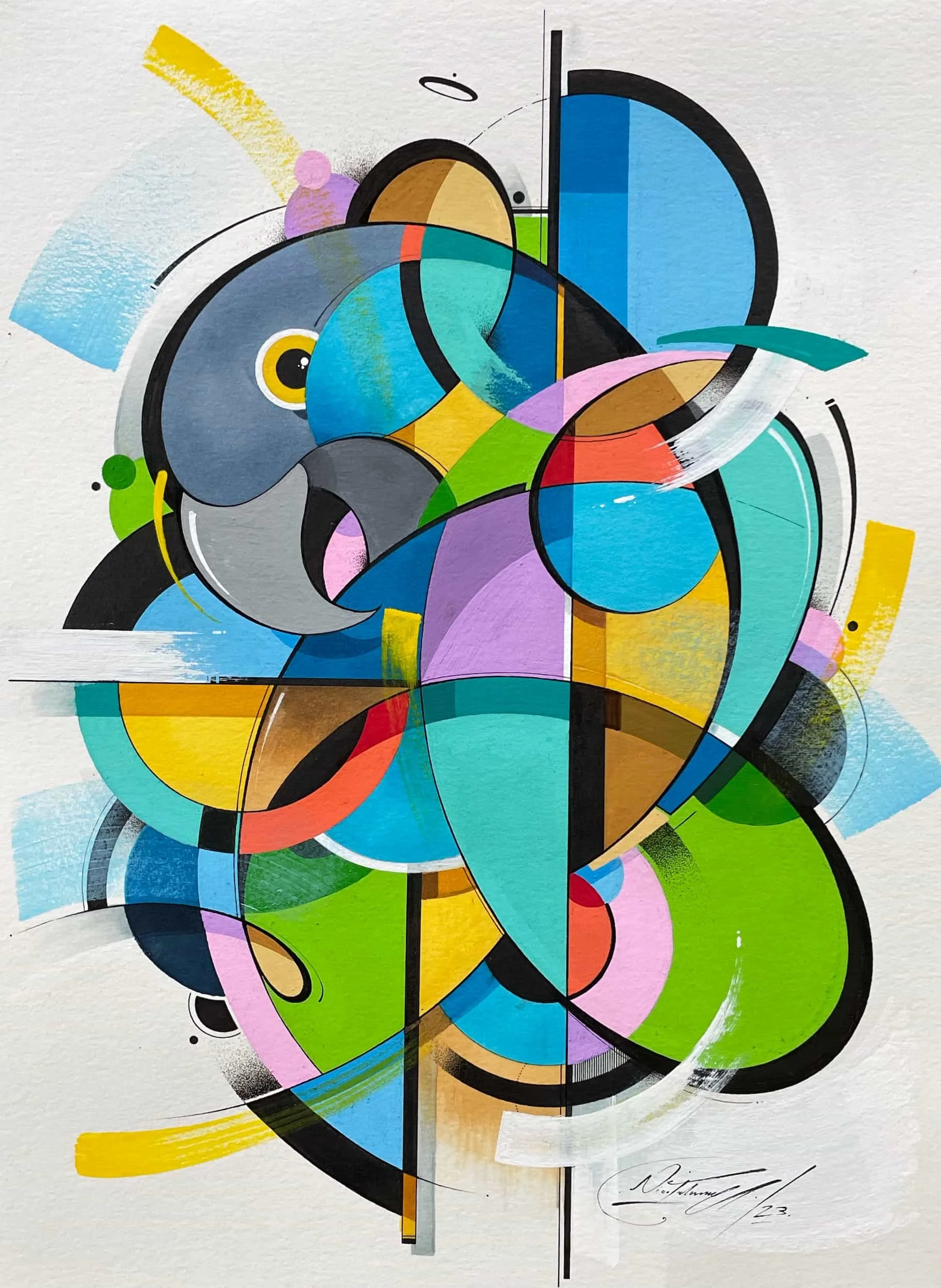 Abstract geometric artwork with various shapes, colors, and lines, including circles, triangles, and rectangles in blue, green, yellow, pink, black, and gray, creating a dynamic composition.