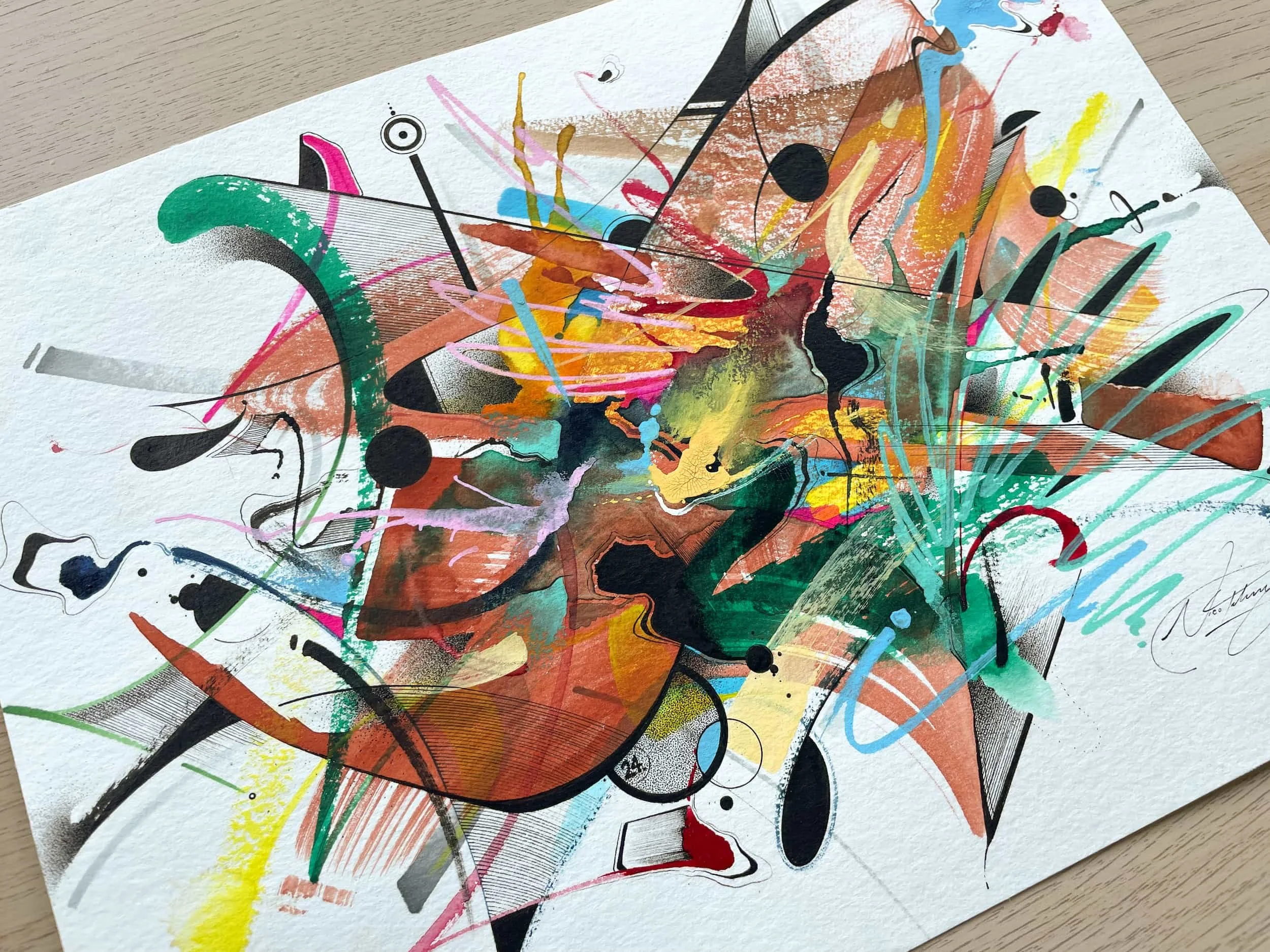 An abstract painting with vibrant colors, black lines, and various shapes on textured paper.