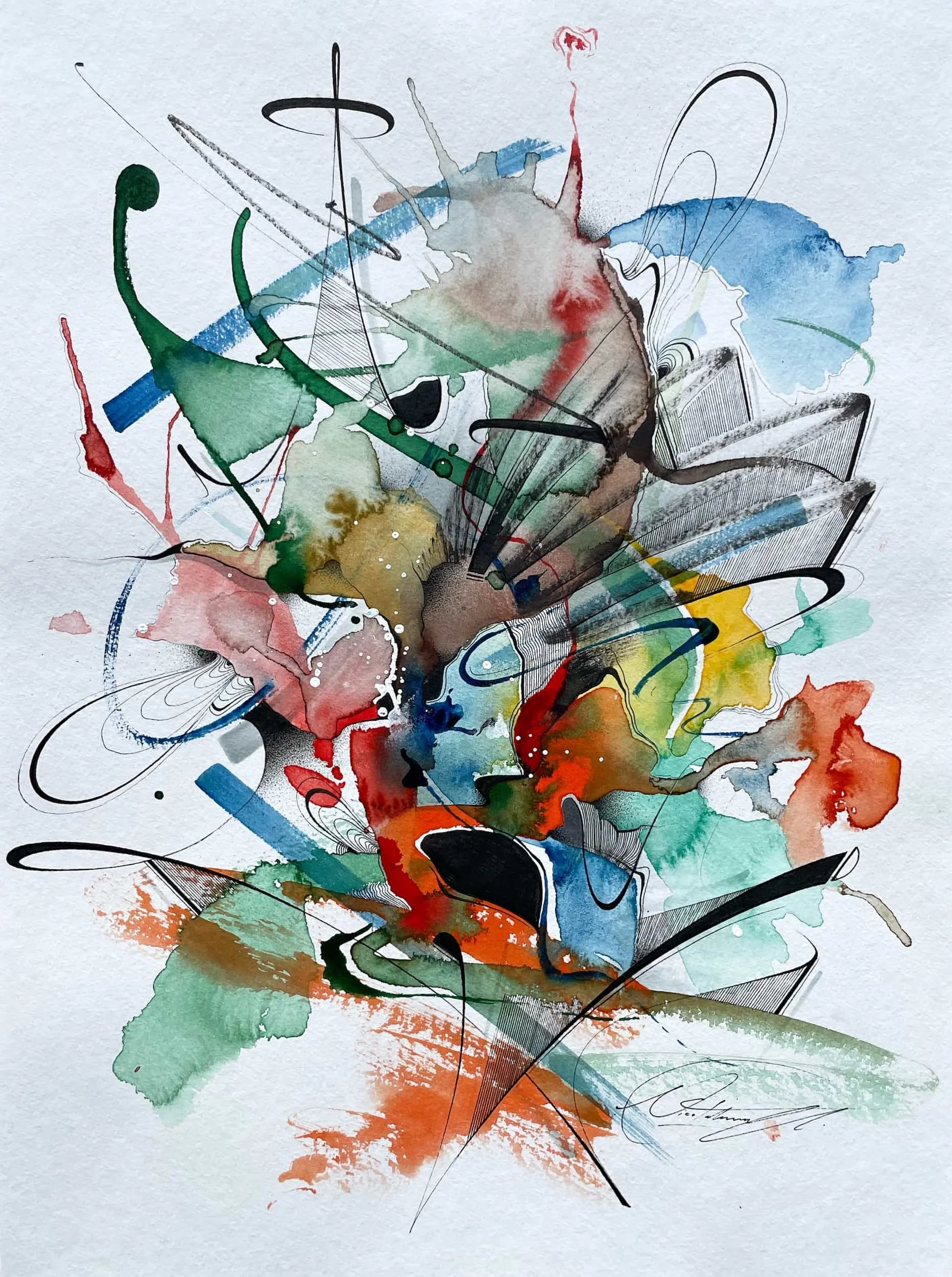 Untitled - Watercolor, ink, acrylic and alcohol markers on paper, 24 x 32 cm, 2024