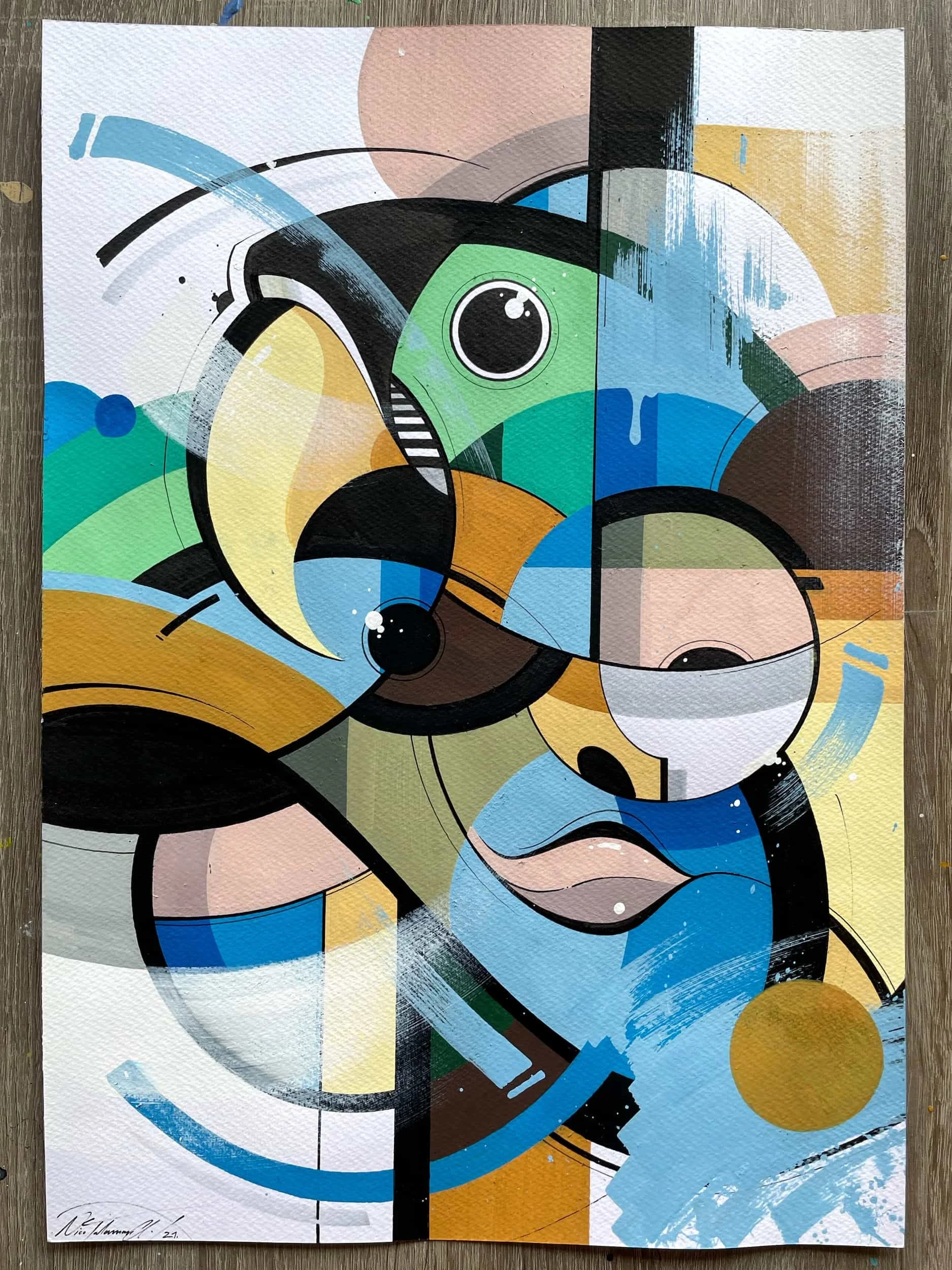 Abstract geometric painting featuring stylized face with large eye, lips, and circular shapes in blue, yellow, green, black, and beige. Multiple overlapping circles and lines create a modern, artistic look.