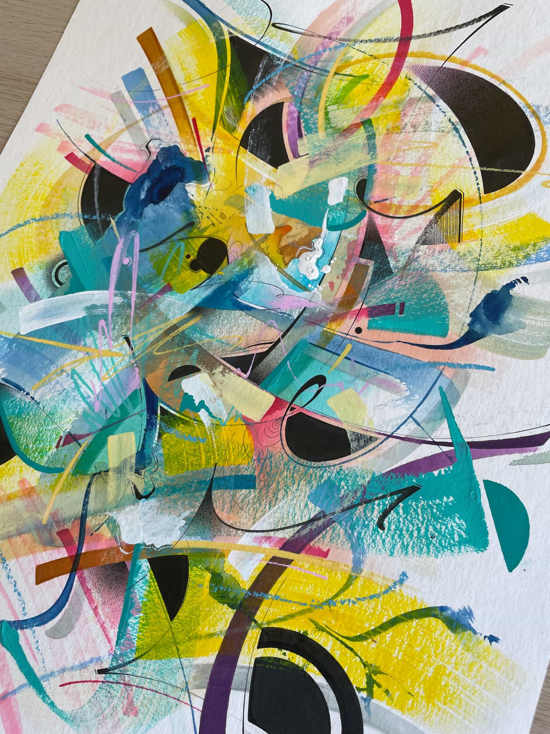An abstract painting with colorful streaks, shapes, and lines including black, yellow, pink, blue, green, and purple.