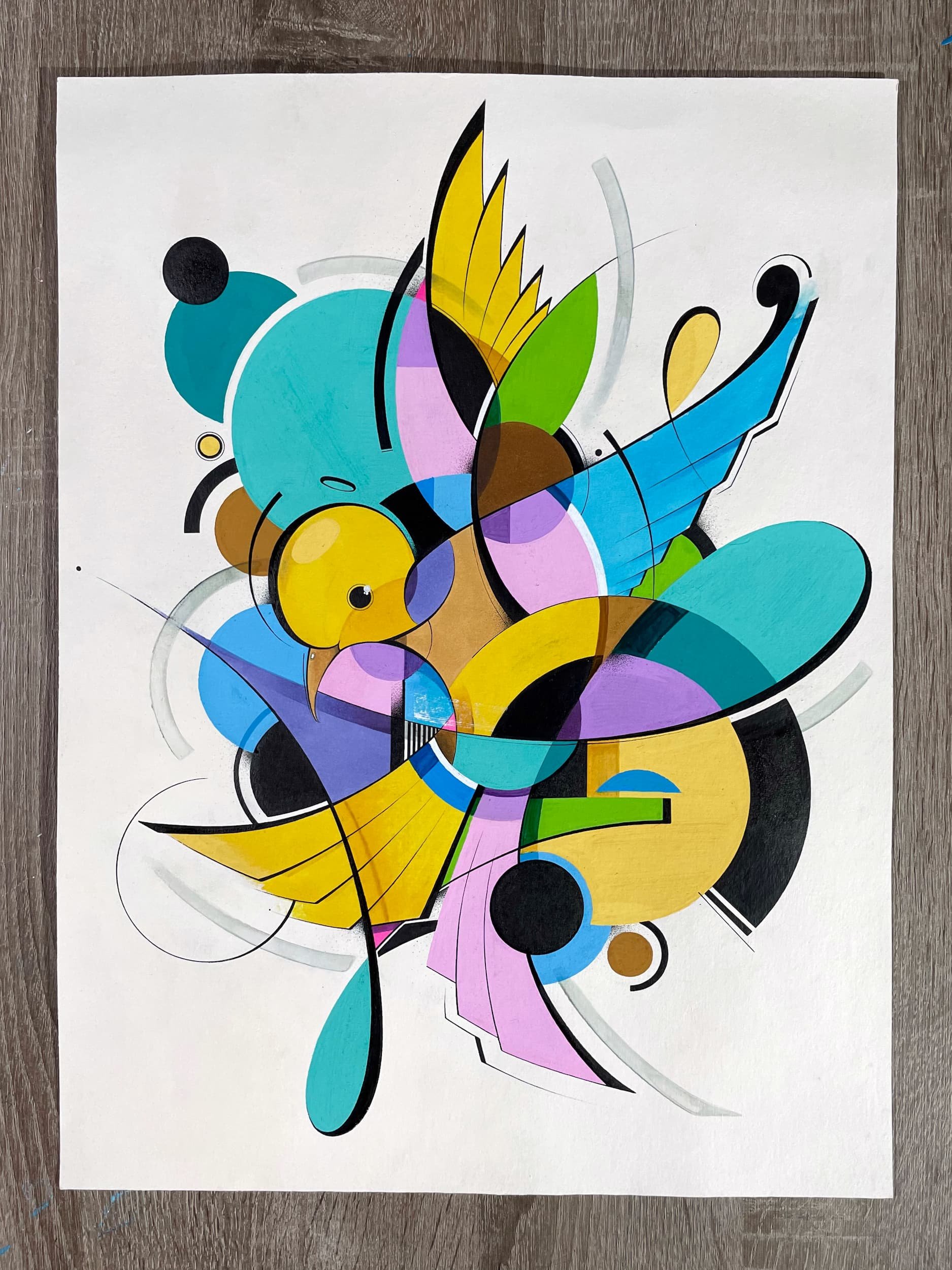 Abstract geometric artwork with colorful shapes including circles, arcs, and lines in yellow, blue, green, purple, black, and brown on a white background.