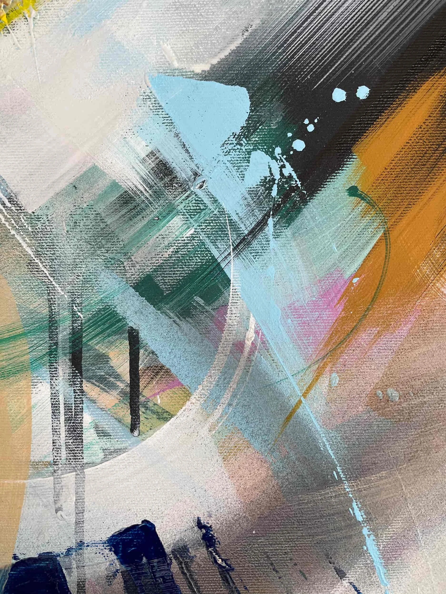 Abstract painting with mixed colors including white, black, blue, pink, orange, and green, featuring broad brushstrokes and textured surface.