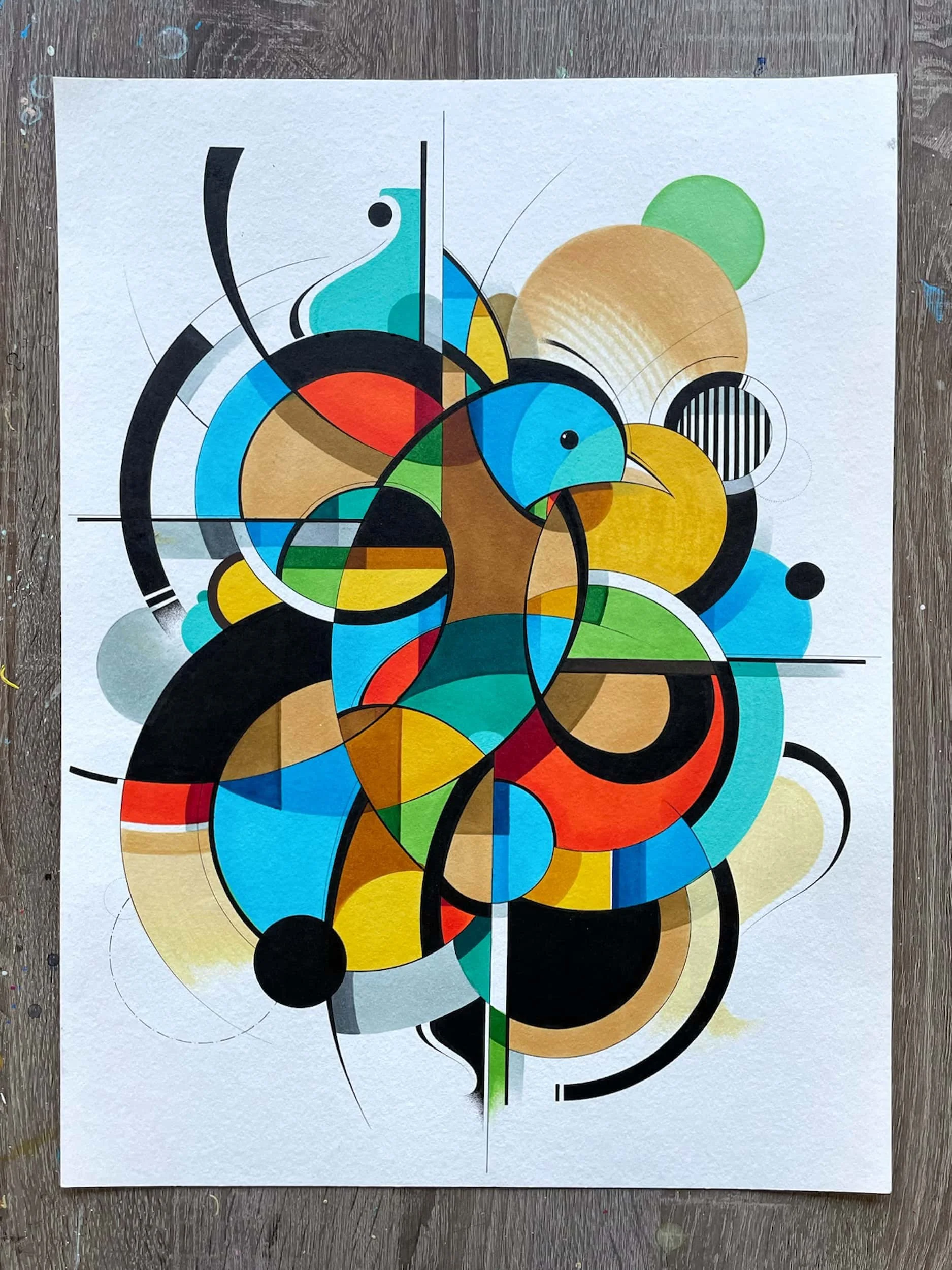 Abstract geometric artwork featuring a stylized blue and brown bird surrounded by colorful circles, lines, and shapes on a white background.