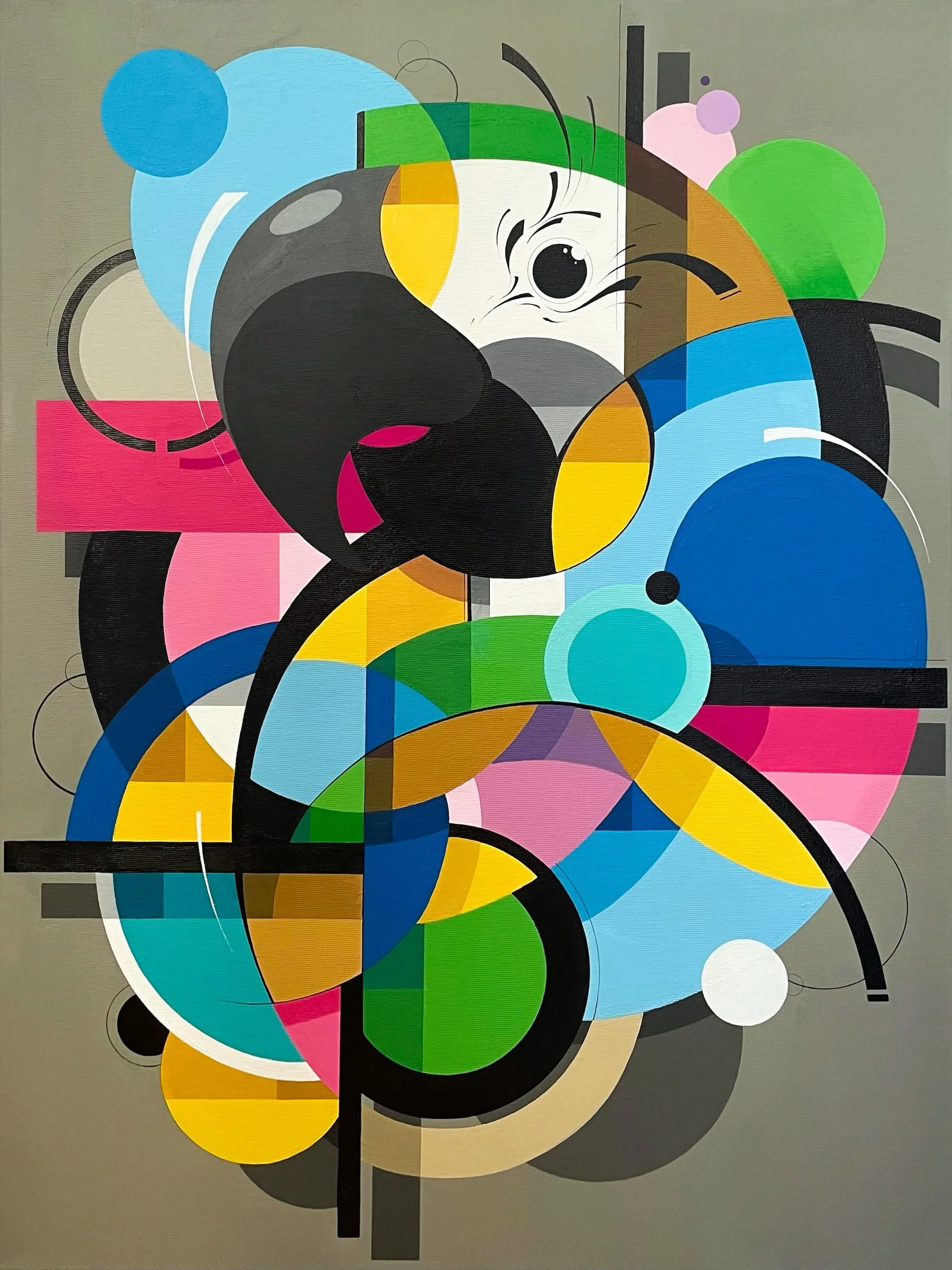 Abstract geometric artwork featuring a Parrot with circles, rectangles, and curved lines in vibrant colors including blue, green, yellow, pink, black, and white on a neutral background.