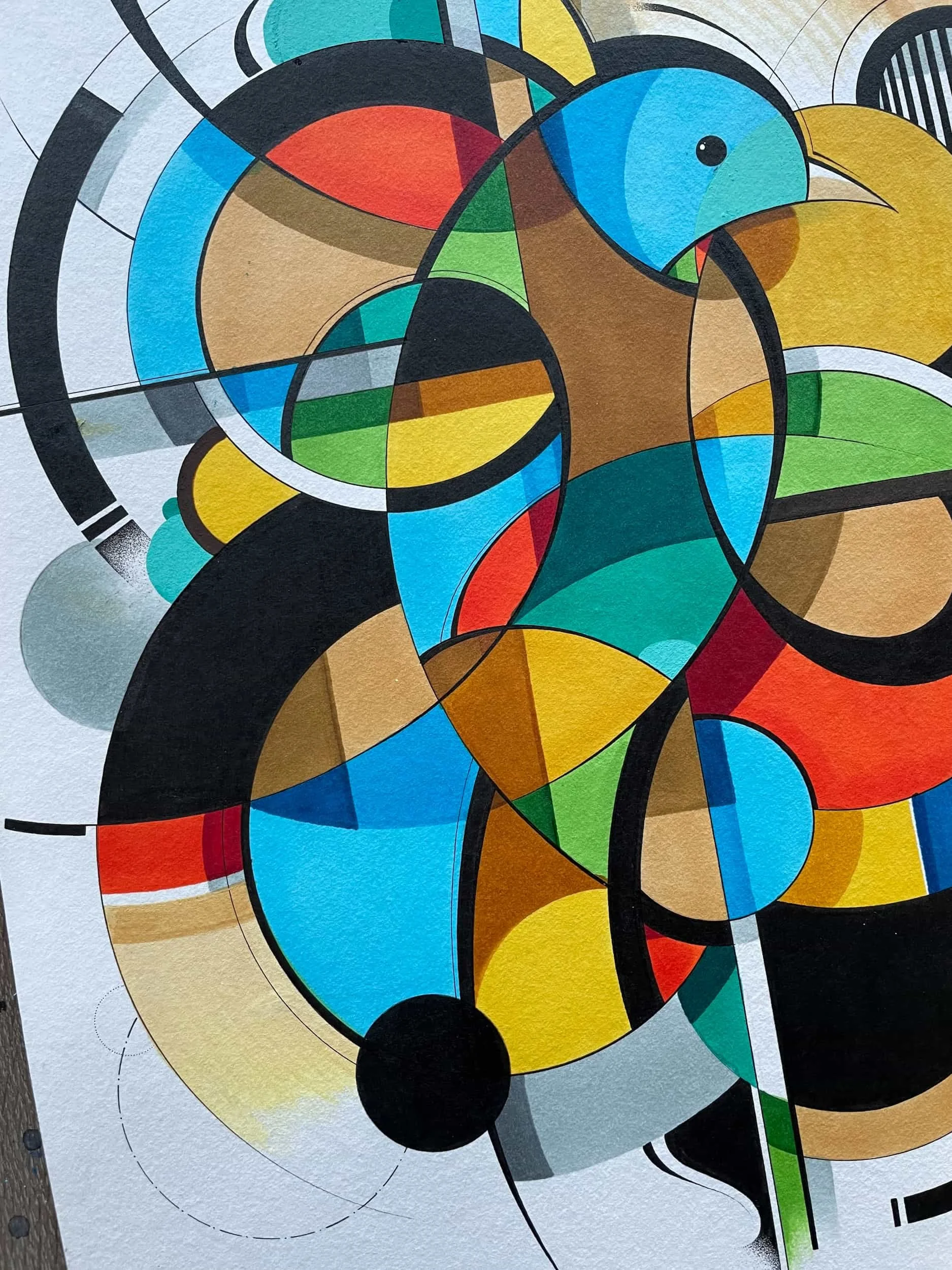 Abstract geometric painting with colorful shapes and lines, including a blue bird and other shapes in shades of red, yellow, green, brown, black, and white.