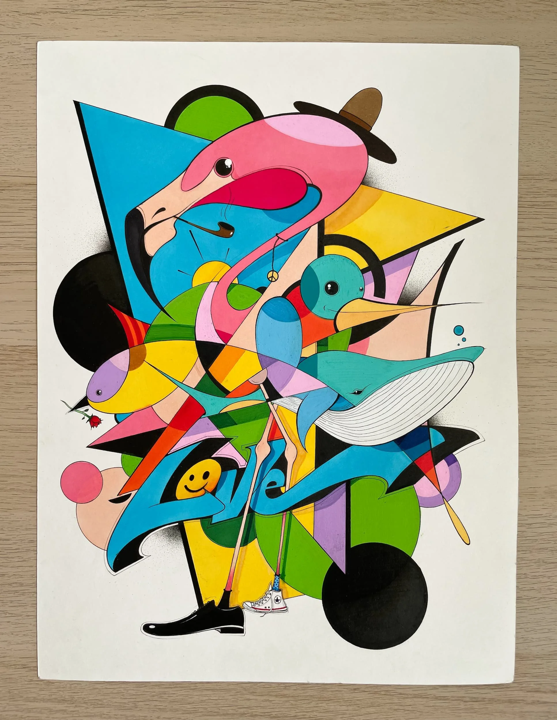 Colorful abstract illustration with geometric shapes and cartoonish animal characters, including a pink flamingo, a bird, and a whale, amidst vibrant colors and playful elements.