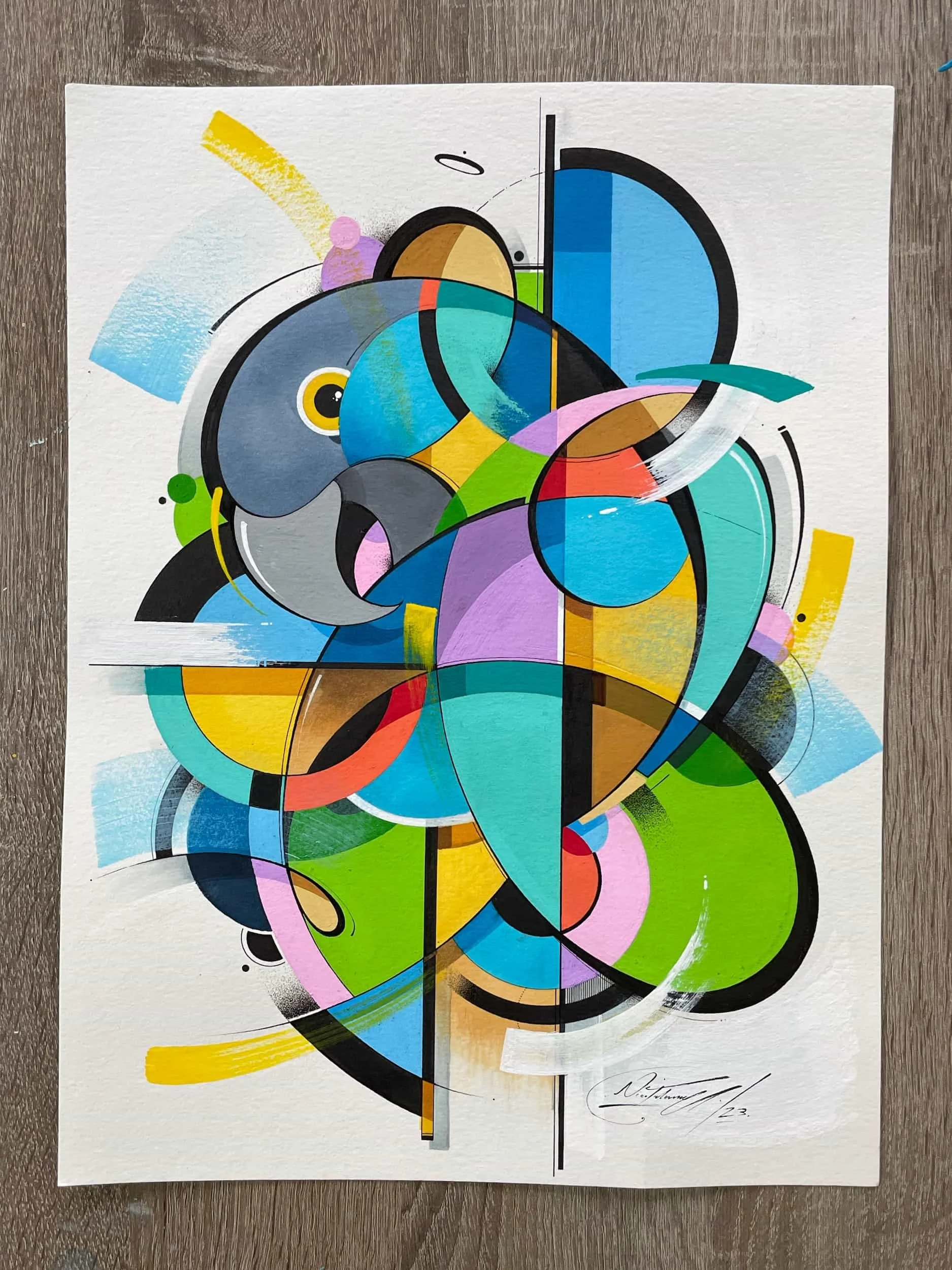 Abstract geometric painting with circles, lines, and colorful shapes in blue, green, purple, yellow, black, and gray on a white canvas.