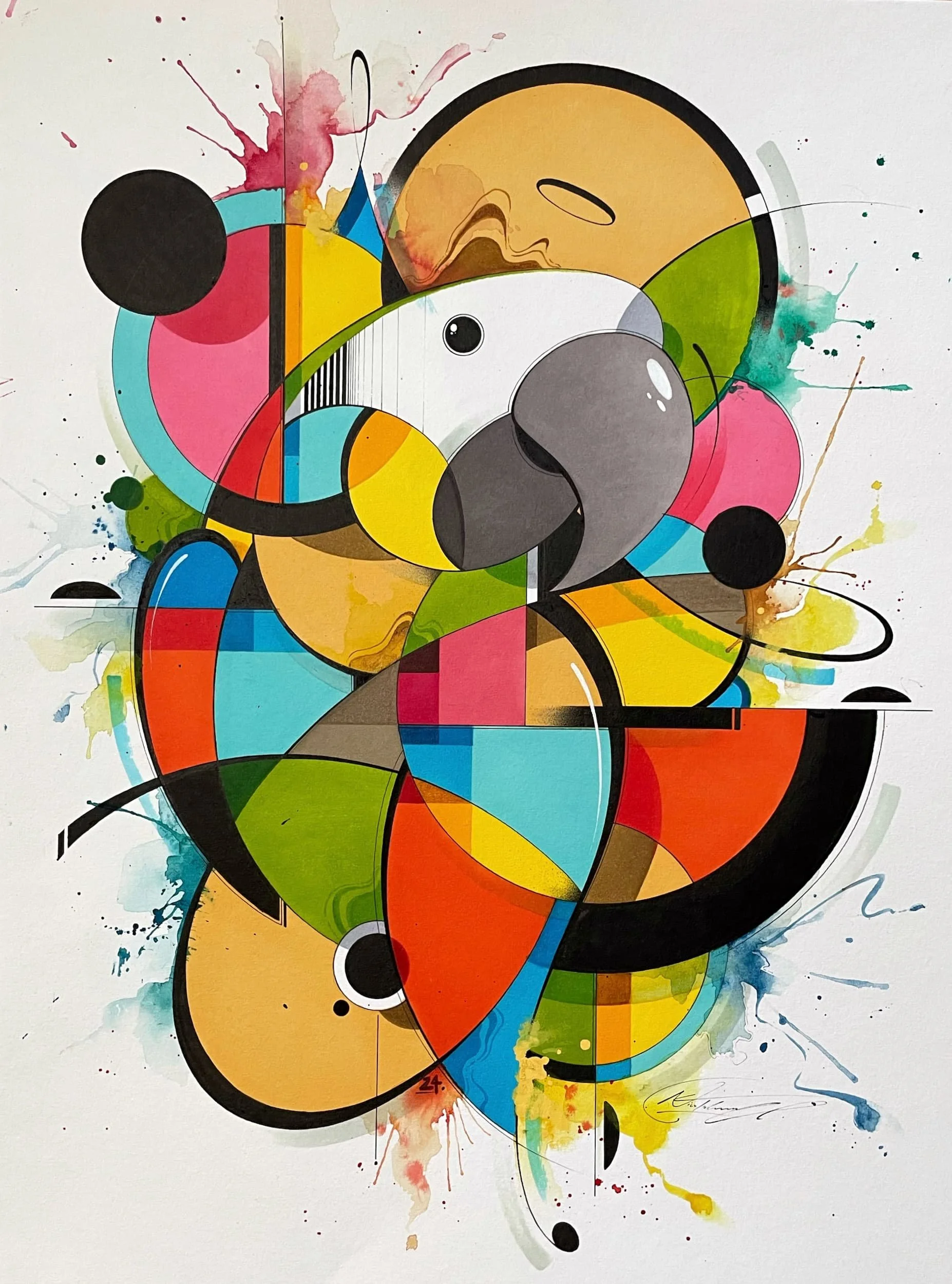 Joy - Watercolor, ink, alcohol markers and acrylic on paper, 36 x 48 cm, 2024