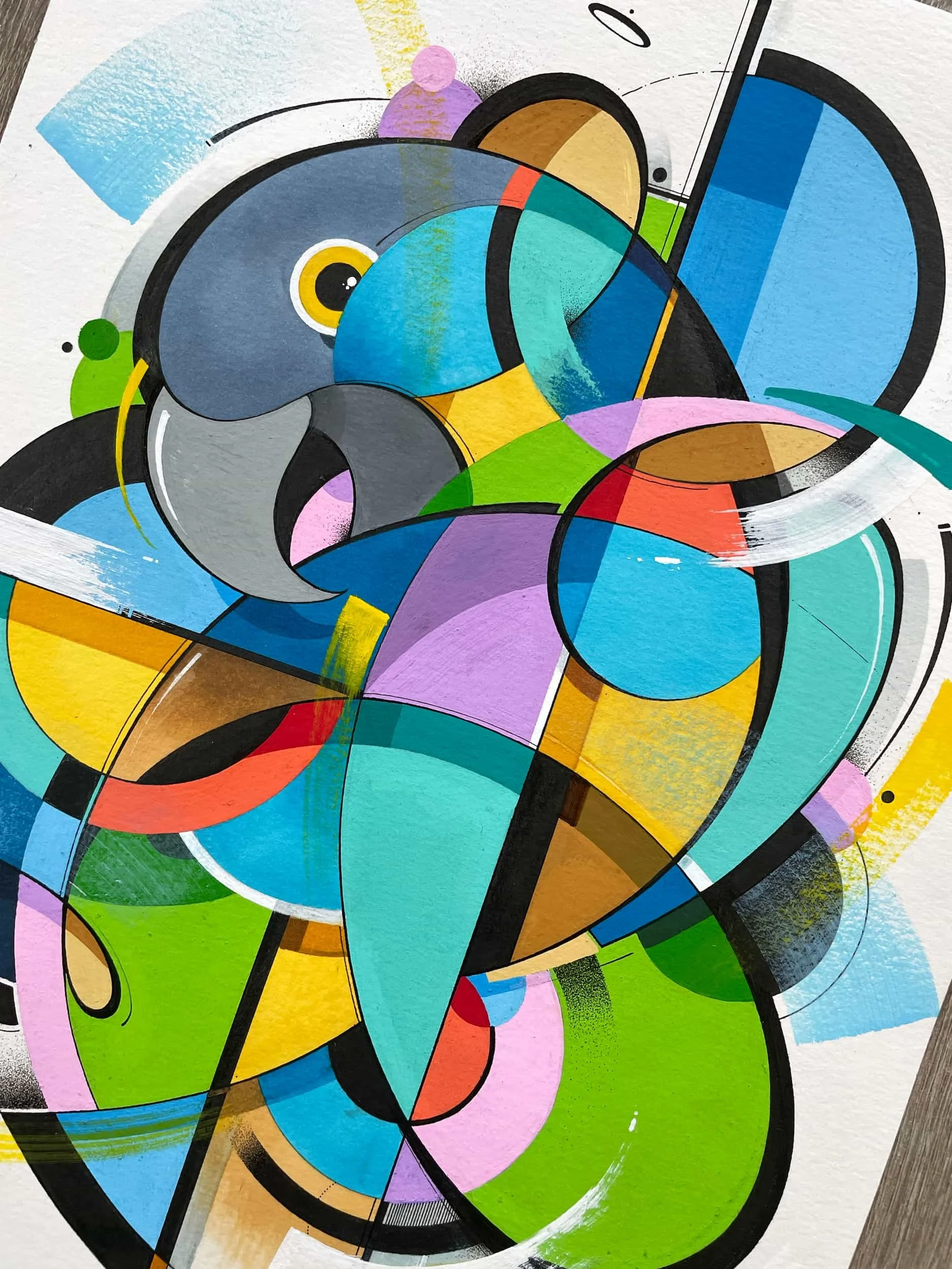 Abstract geometric painting with intersecting circles, lines, and various bright colors including blue, green, yellow, pink, orange, black, and gray.