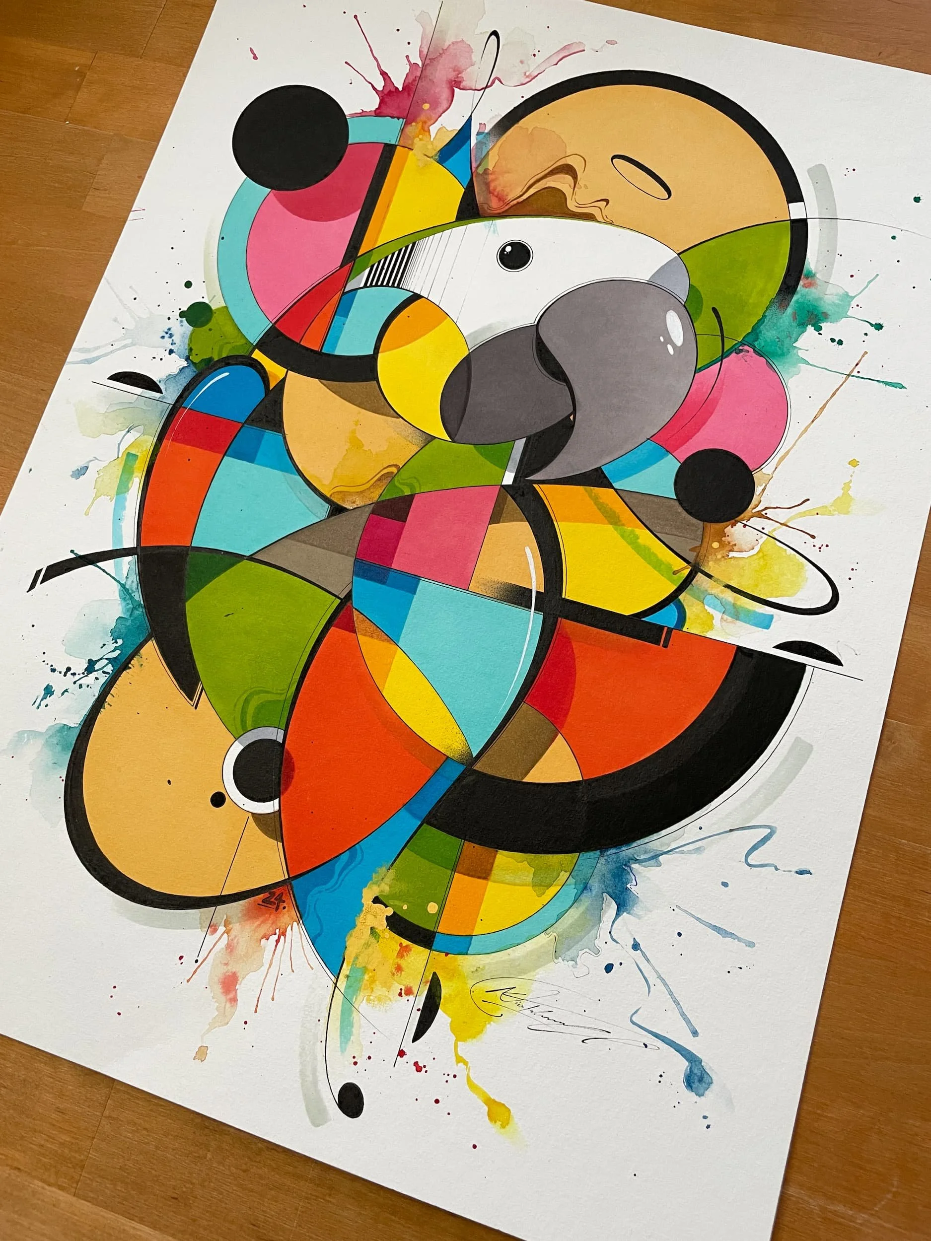 Colorful abstract geometric art with splashes of paint