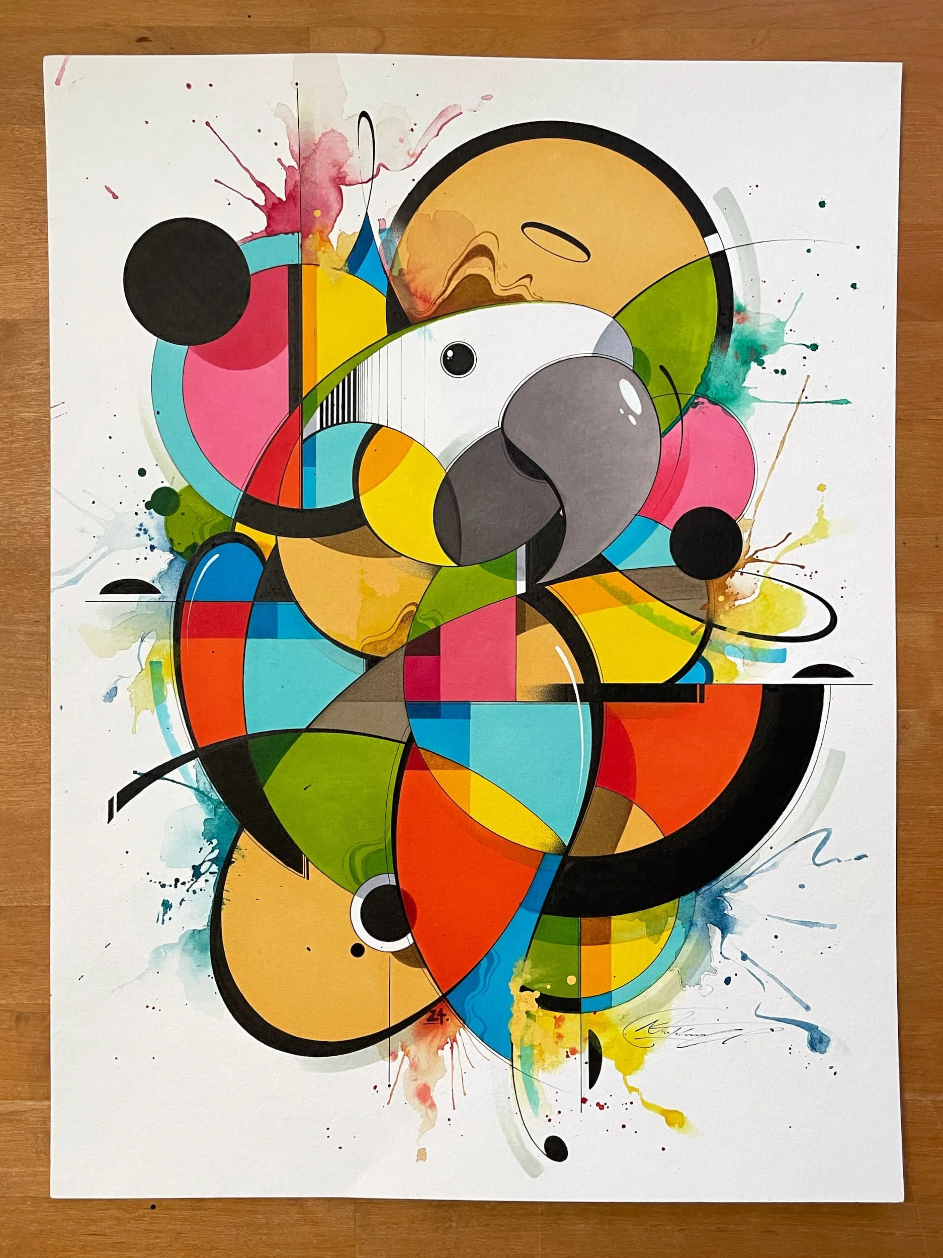 Abstract colorful painting with geometric shapes, circles, lines, and splashes of paint, featuring a stylized parrot face in the center.