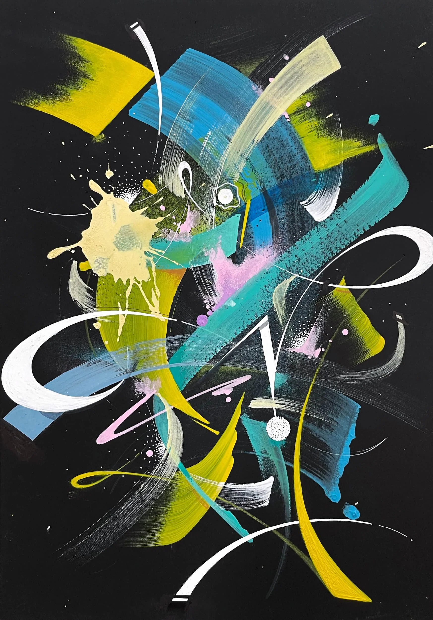 Abstract painting with splashes and streaks of yellow, blue, pink, white, and green on a black background.