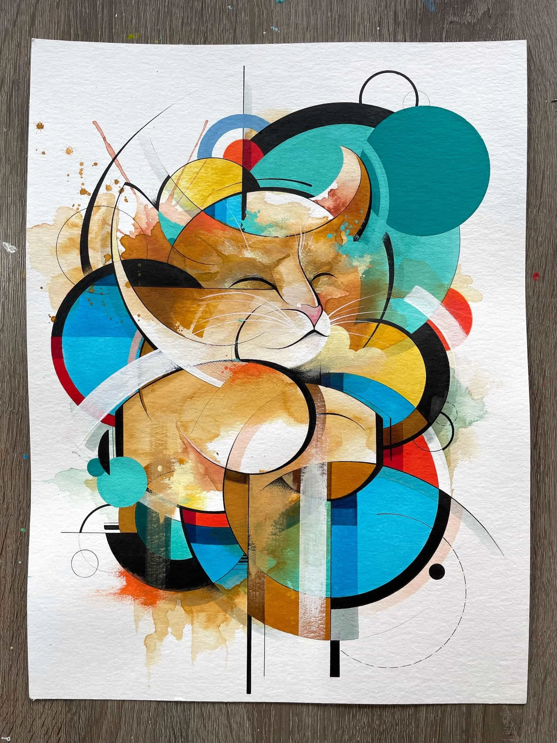 Abstract watercolor painting of a smiling cat with geometric shapes and bold colors, including blue, turquoise, red, yellow, black, and orange.