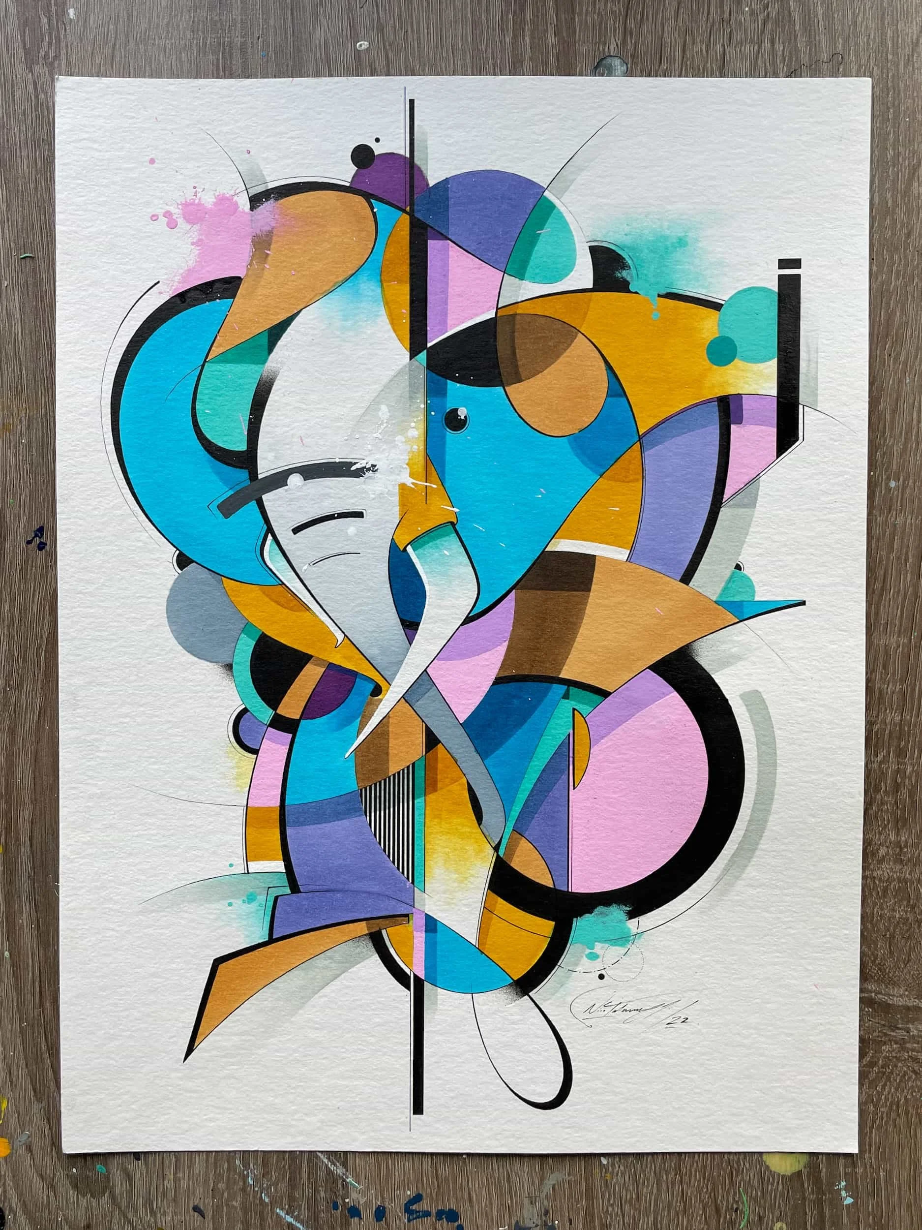 Abstract graffiti art with geometric shapes in blue, purple, pink, gold, black, and gray, overlapping and intertwining.