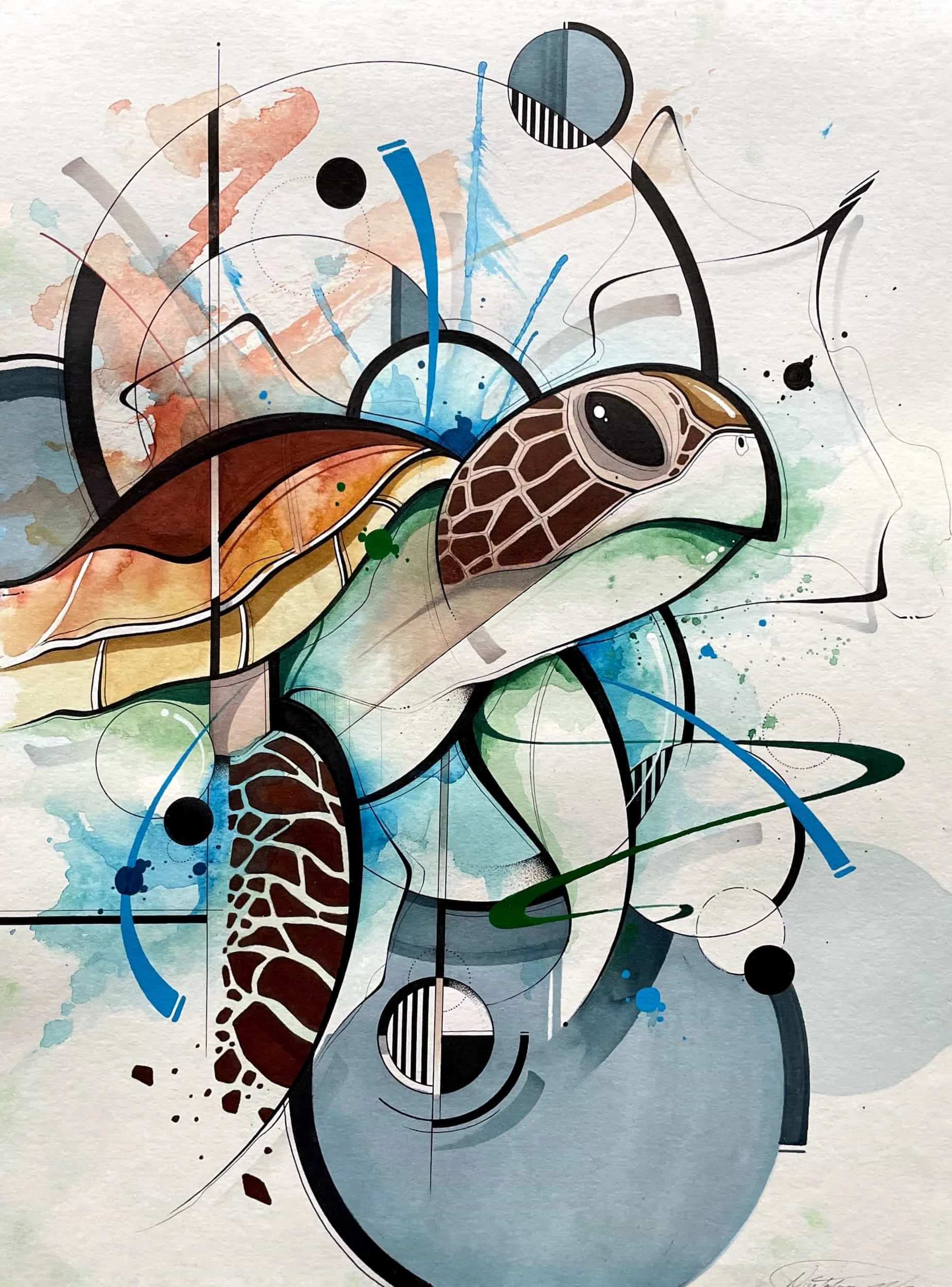 Abstract watercolor painting of two sea turtles with geometric shapes and colorful splashes.
