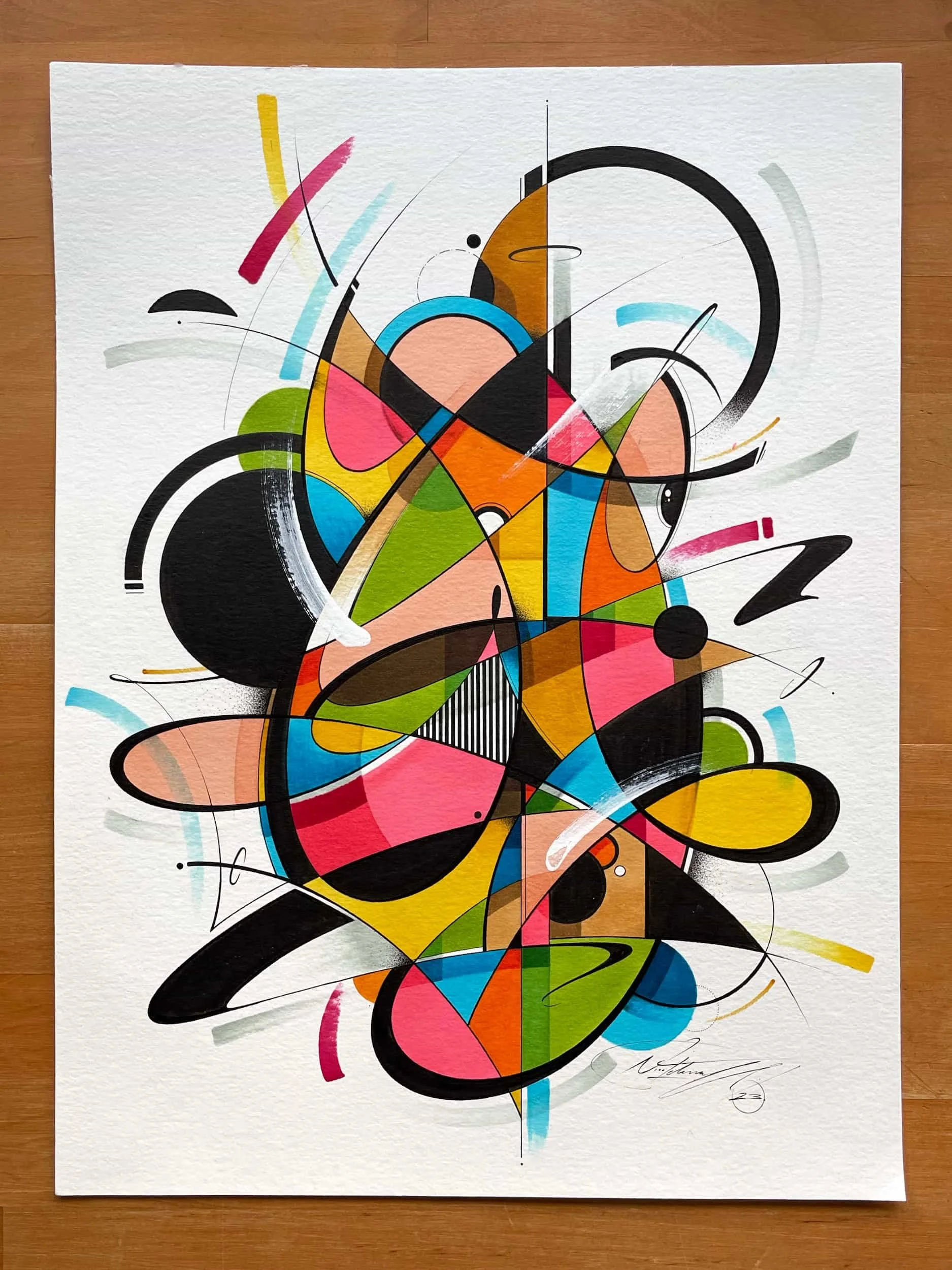 Abstract geometric painting with various colorful shapes and black lines on textured white paper.