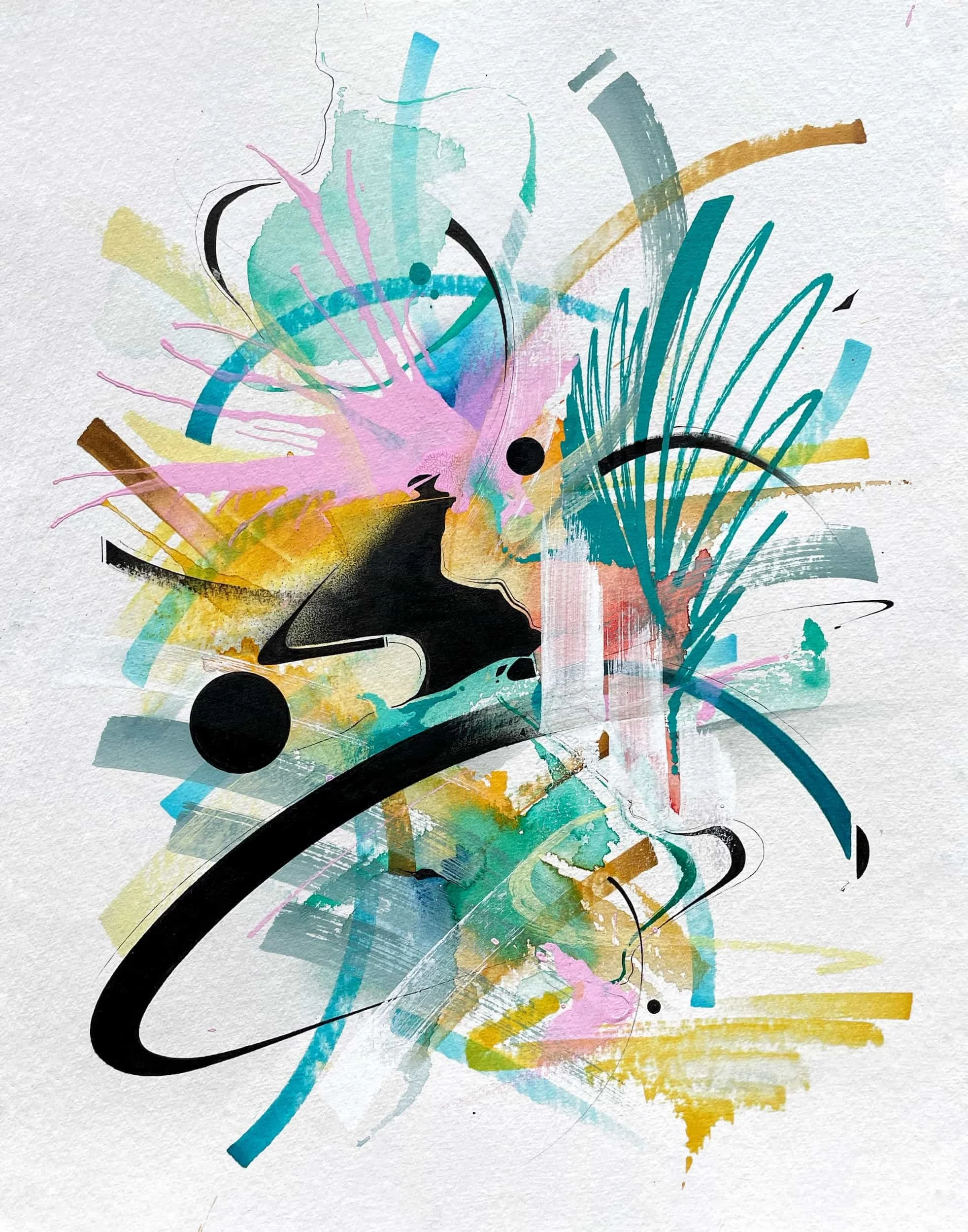 Abstract art featuring vibrant splashes of pink, yellow, blue, green, and black brushstrokes and shapes on a white background.